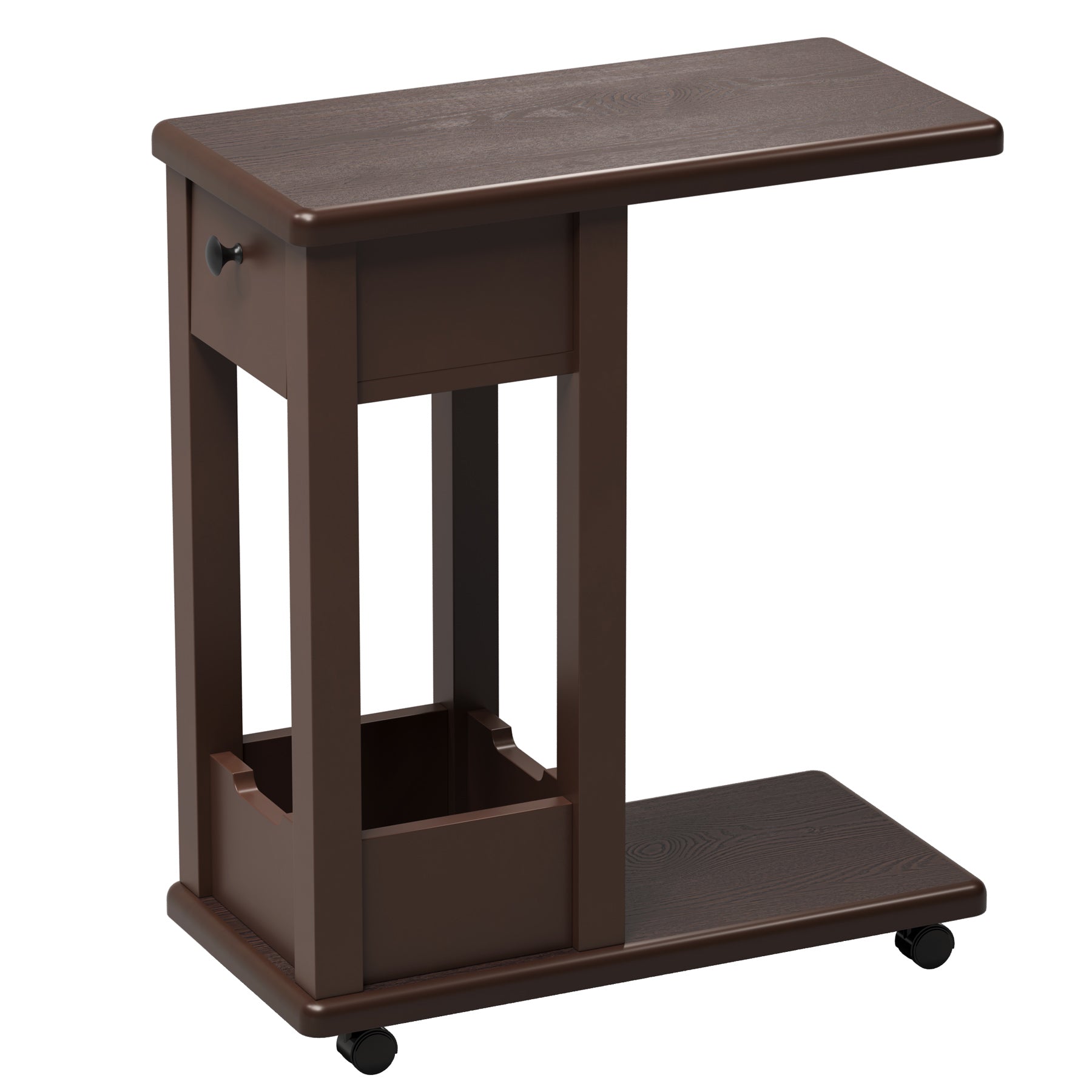 C-Shaped Side Table, 2-Tier Rolling Sofa End Table with Swivel & Lockable Casters