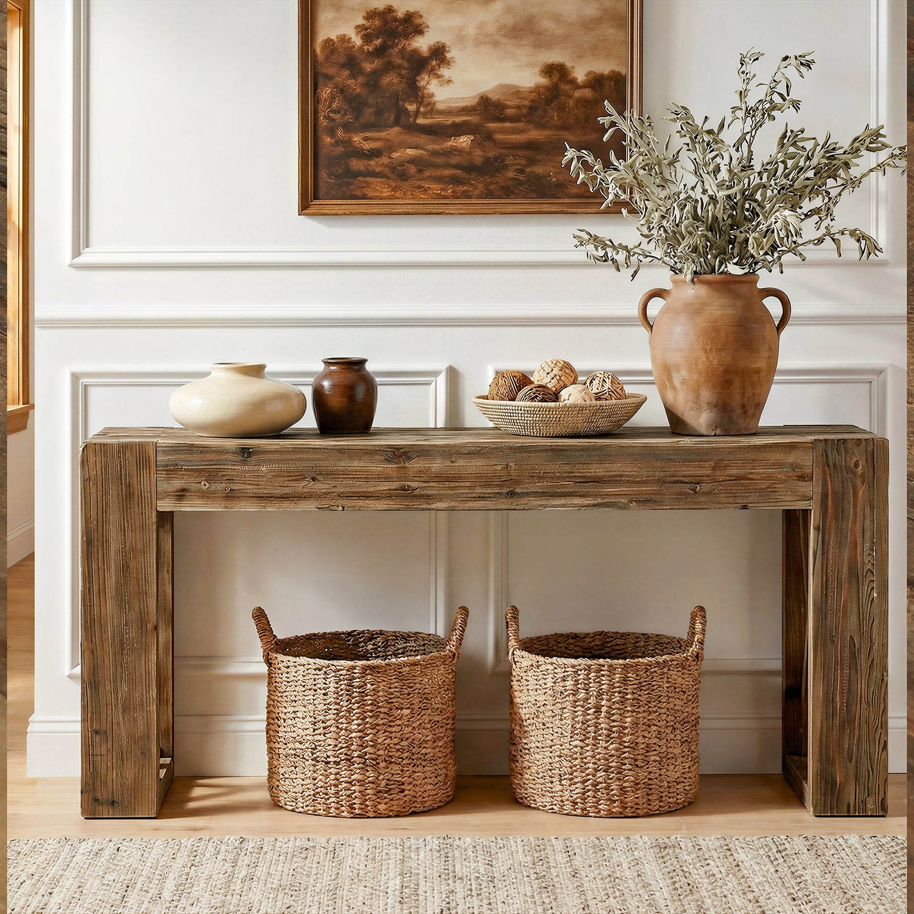 63" Solid Wood Farmhouse Console Table, Narrow Sofa Table with X-Frame Base