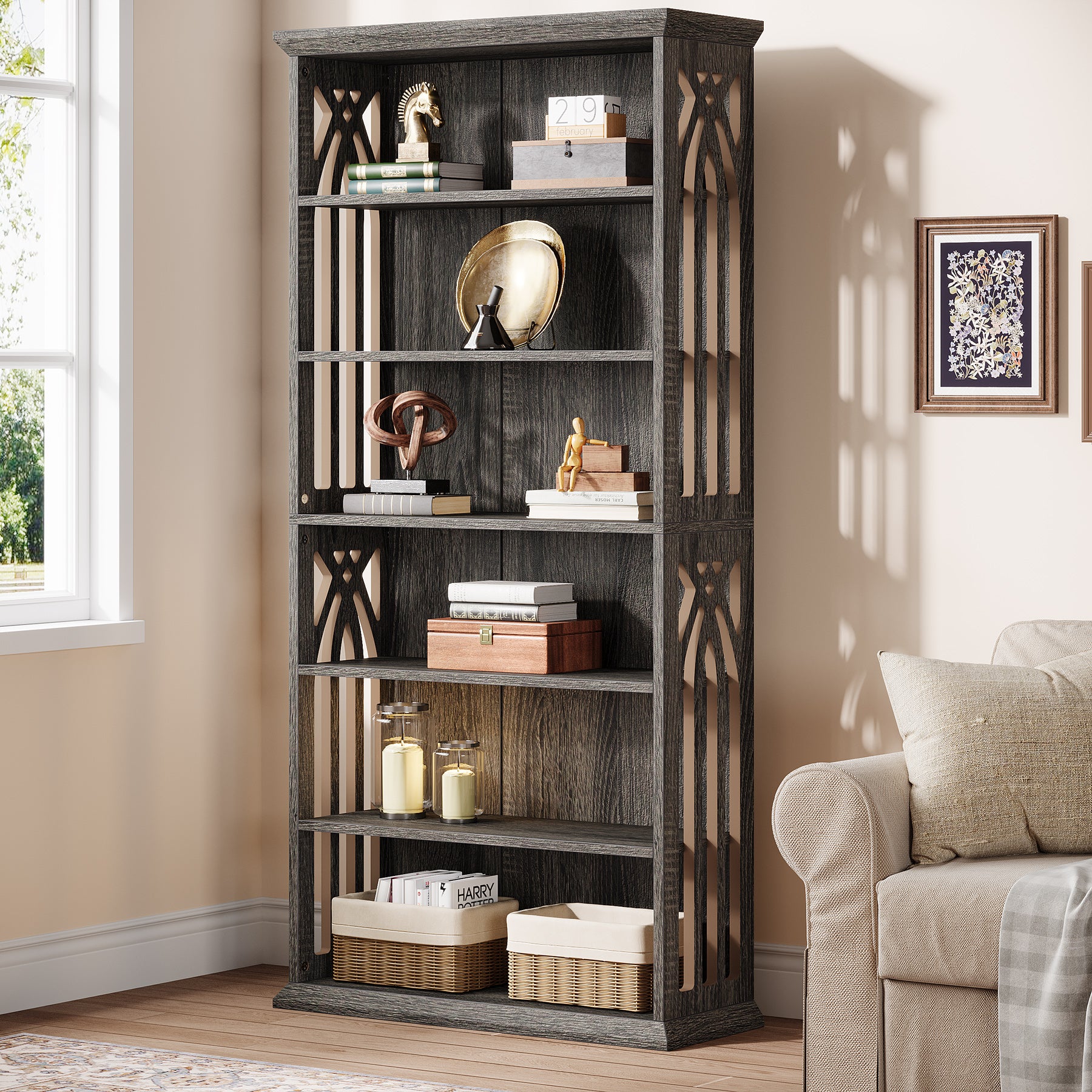 6-Tier Bookshelf, 75" Bookcase Display Shelves Storage Etagere