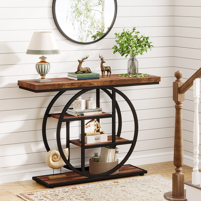 41.3" Console Table, Industrial 4-Tier Sofa Table Entryway Table with Circle Base