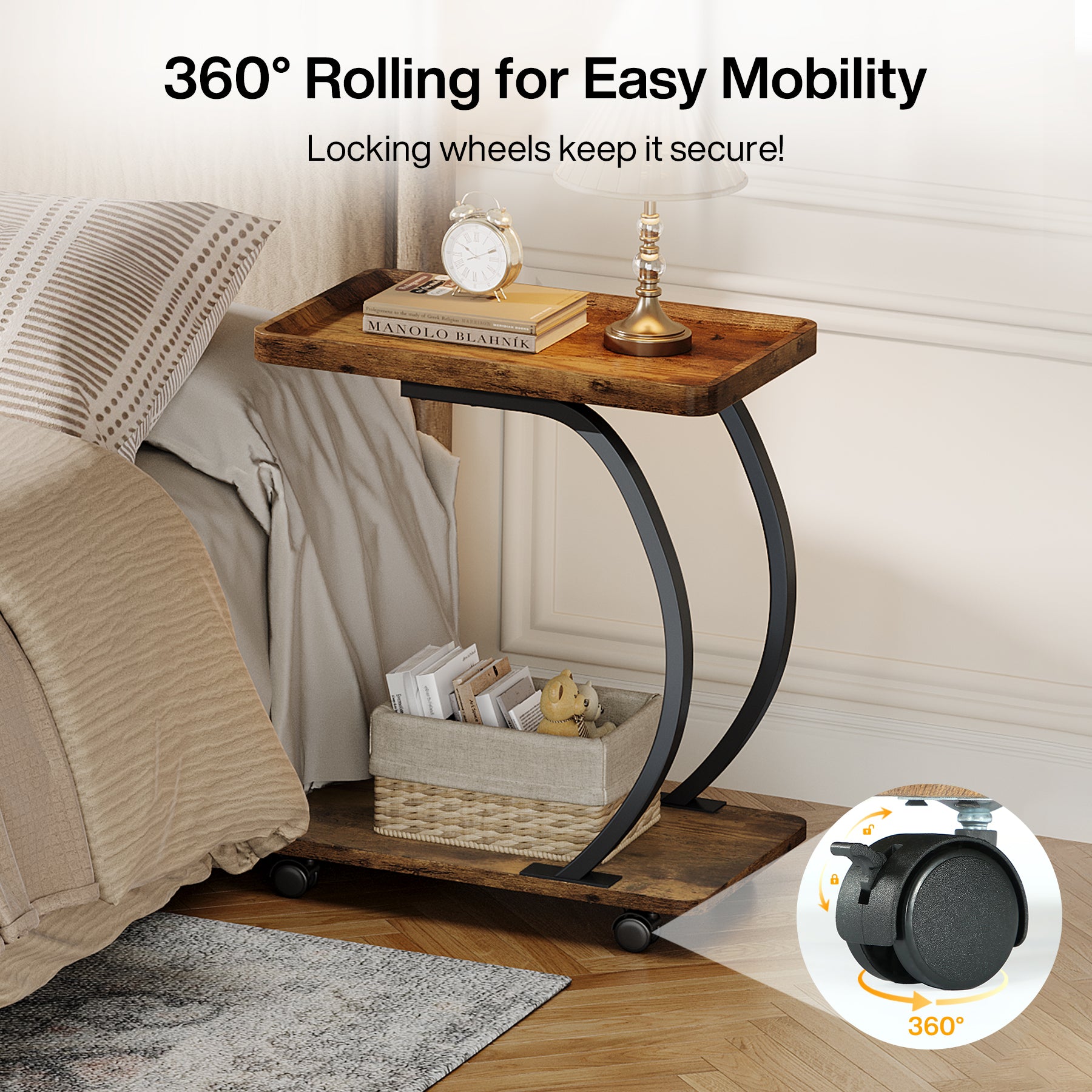 C-Shaped End Table, Industrial 2-Tier Side Table with Wheels