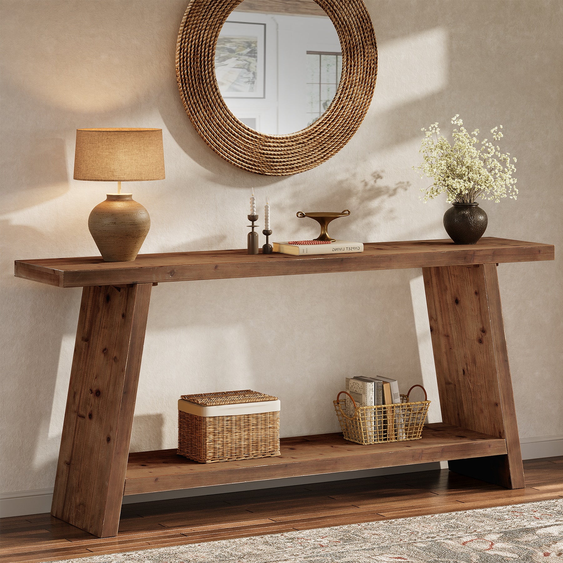 Solid Wood Console Table, 70.9" Sofa Table Behind Couch with 2-Tier Storage