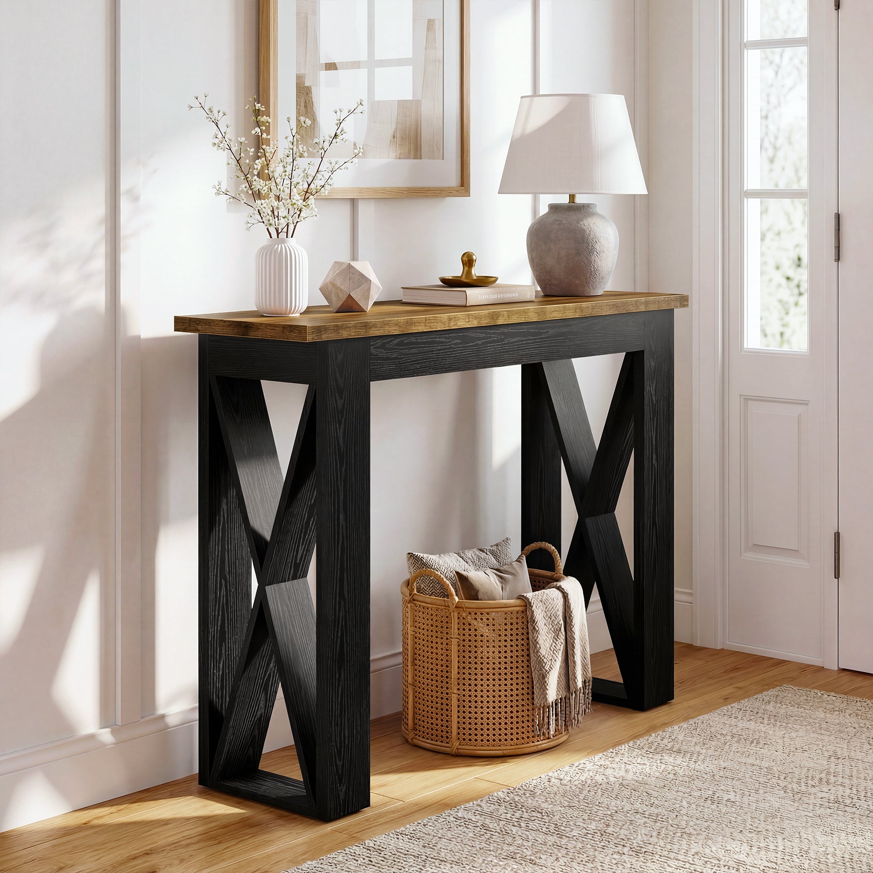 41" Farmhouse Console Table, Narrow Sofa Table Behind Couch with X-Shaped Legs for Entryway & Hallway