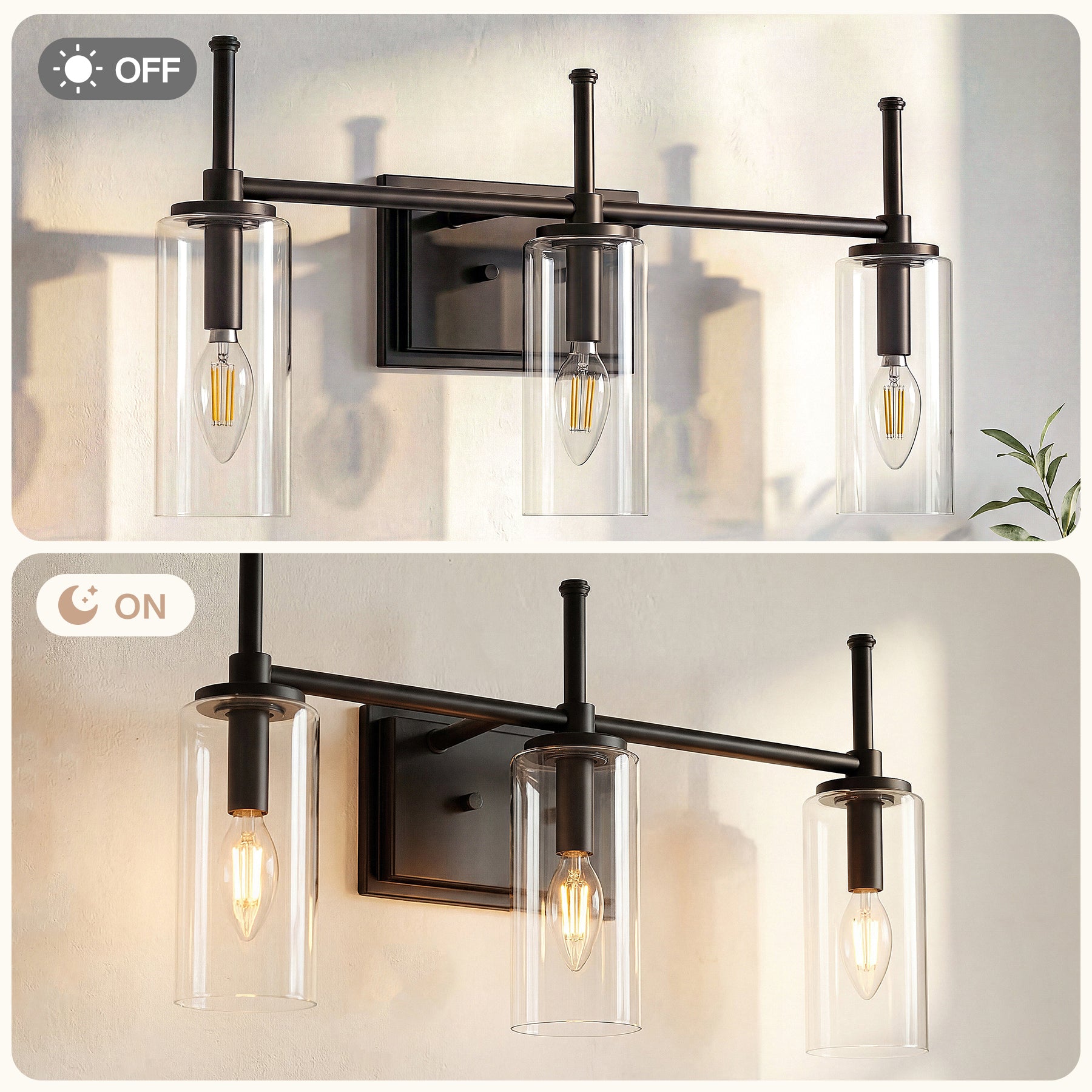 3-Light Vanity Light Fixture, Modern Bathroom Wall Sconce with Clear Glass Shades