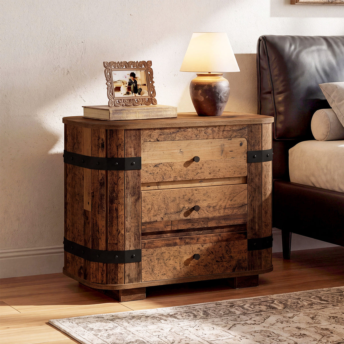 Oversized 3 Drawer Nightstand, Extra Wide Rustic Large Bedside Table, Bedroom
