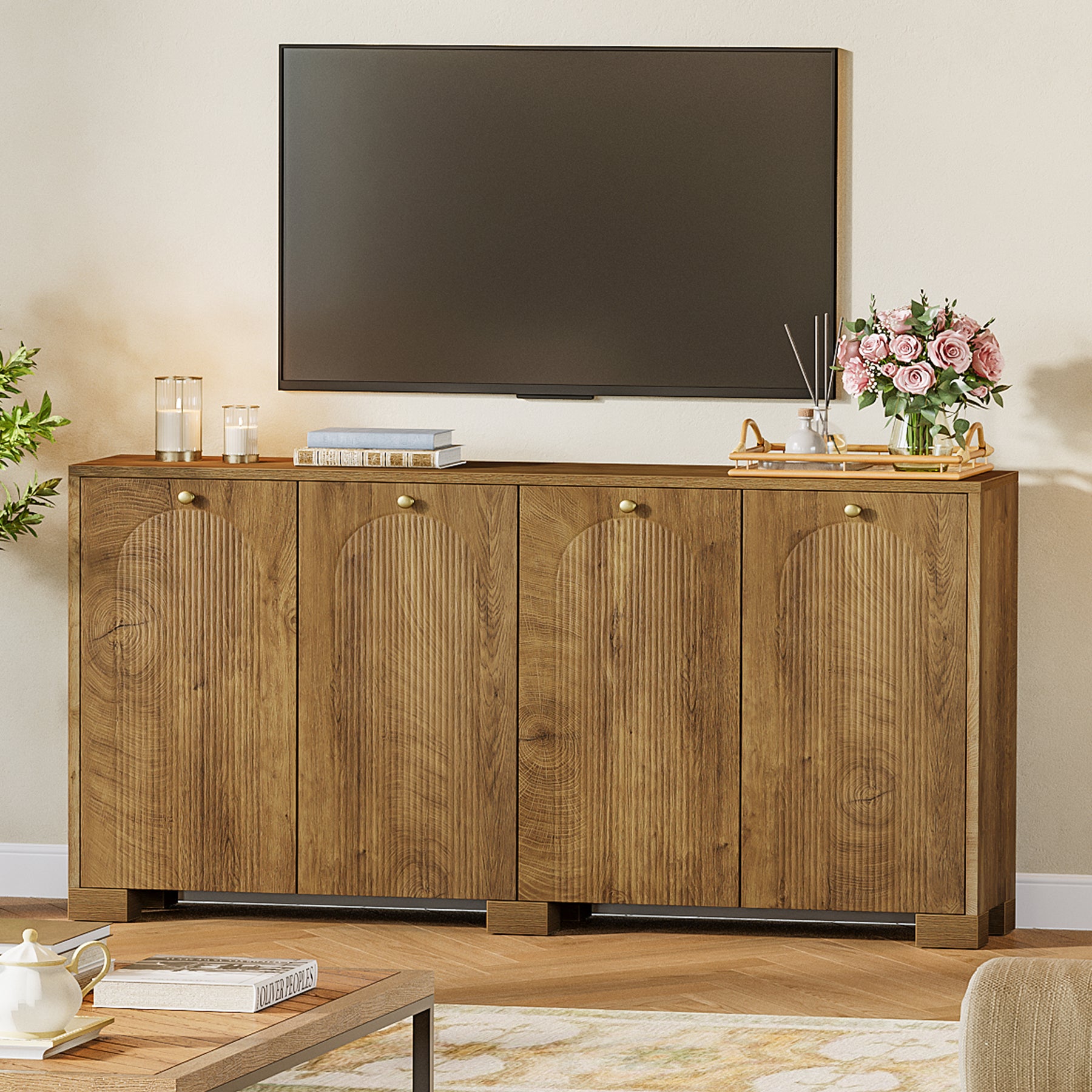 59" Sideboard Buffet Cabinet, Fluted Buffet Table with 4 Doors & Shelves