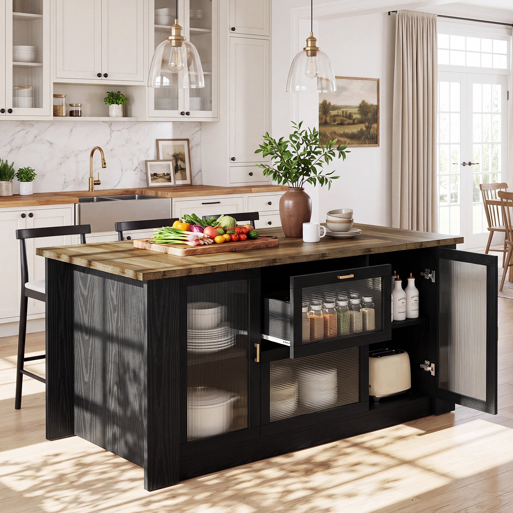 71" Kitchen Island with Seating, 2 Drawers & Storage Cabinets, Counter Height