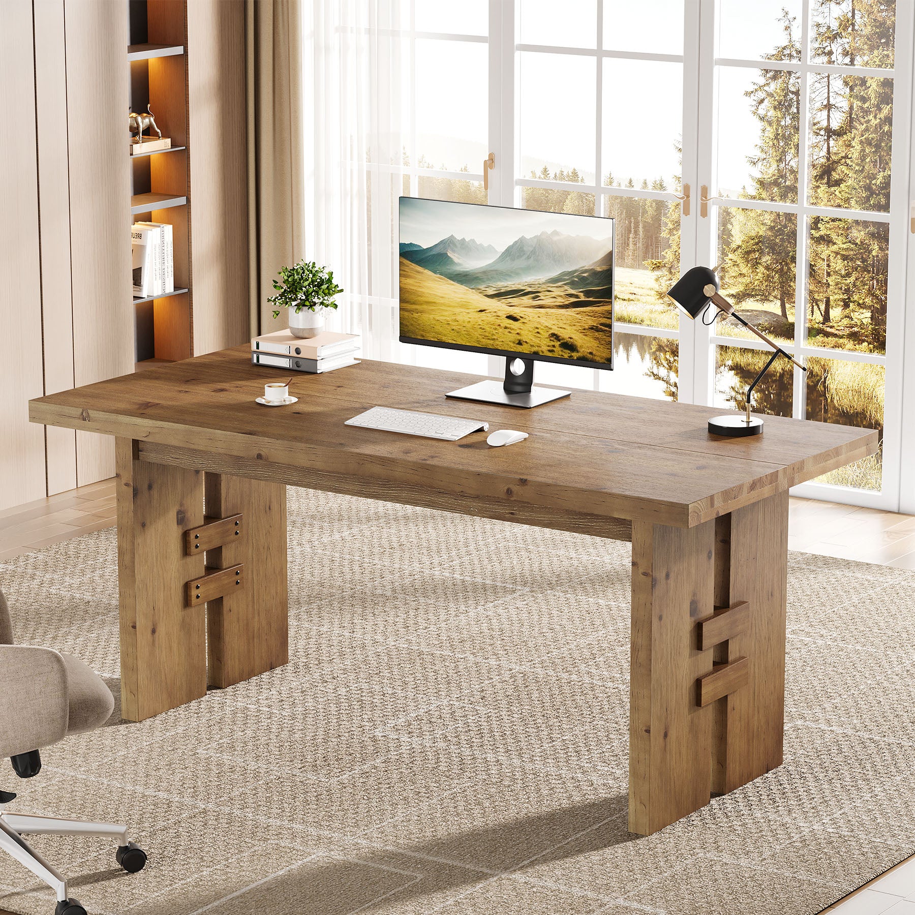 63" Solid Wood Executive Desk, Farmhouse Office Computer Desk with Large Work Surface
