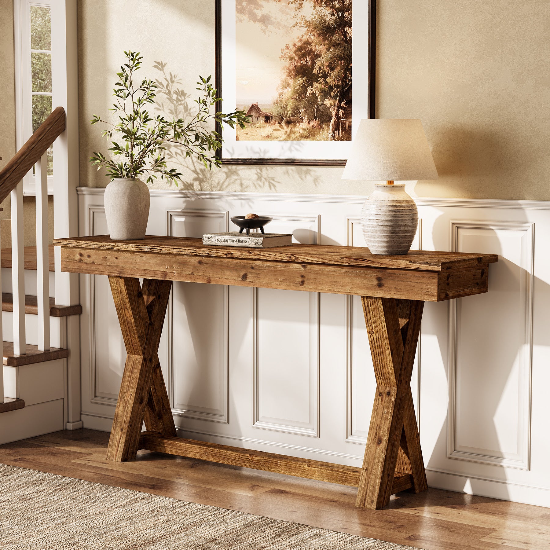 Solid Wood Console Table, 63" Sofa Entryway Table with X-Shaped Legs