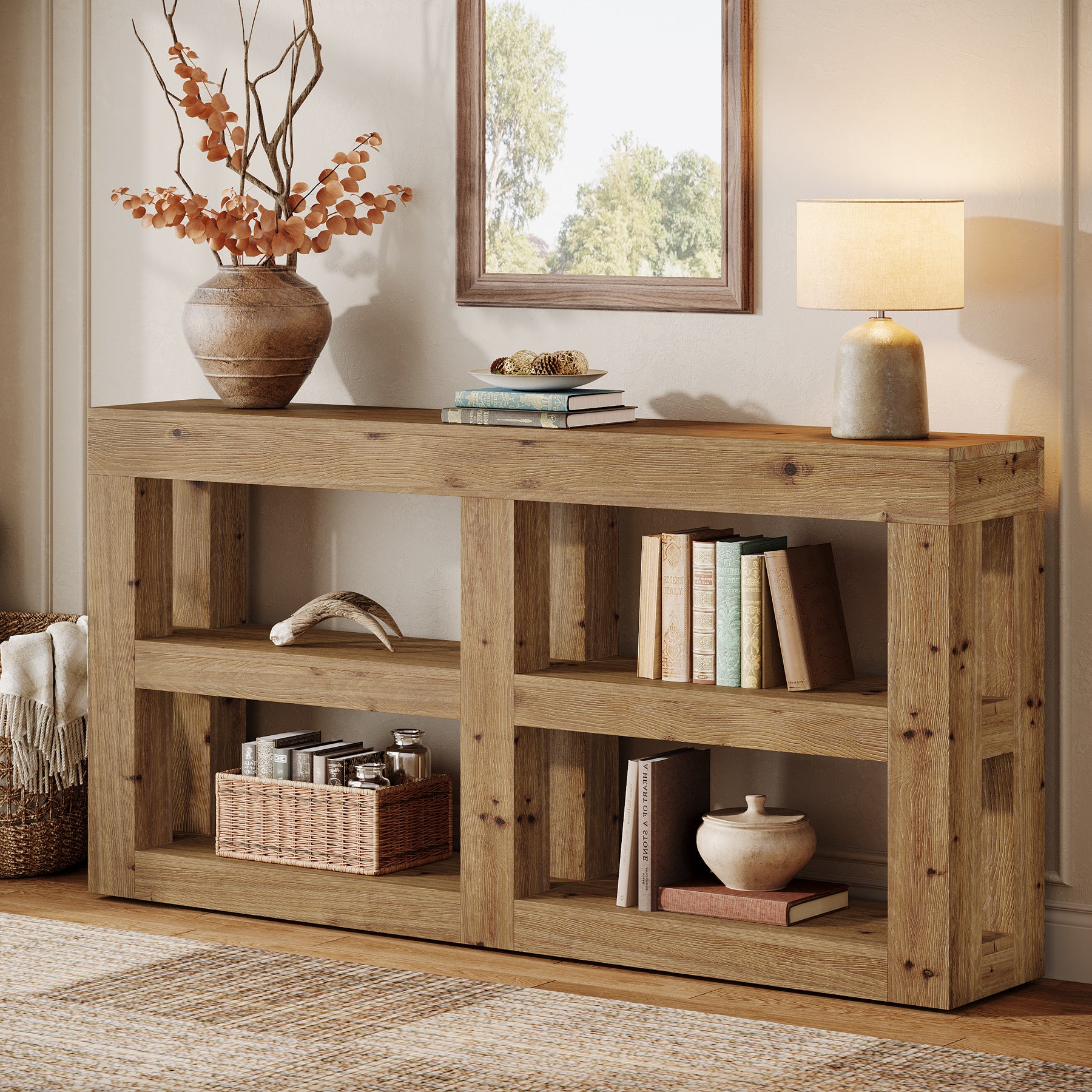 63" Solid Wood Console Table with Storage, 3-Tier Farmhouse Entryway & Sofa Table with Open Shelves