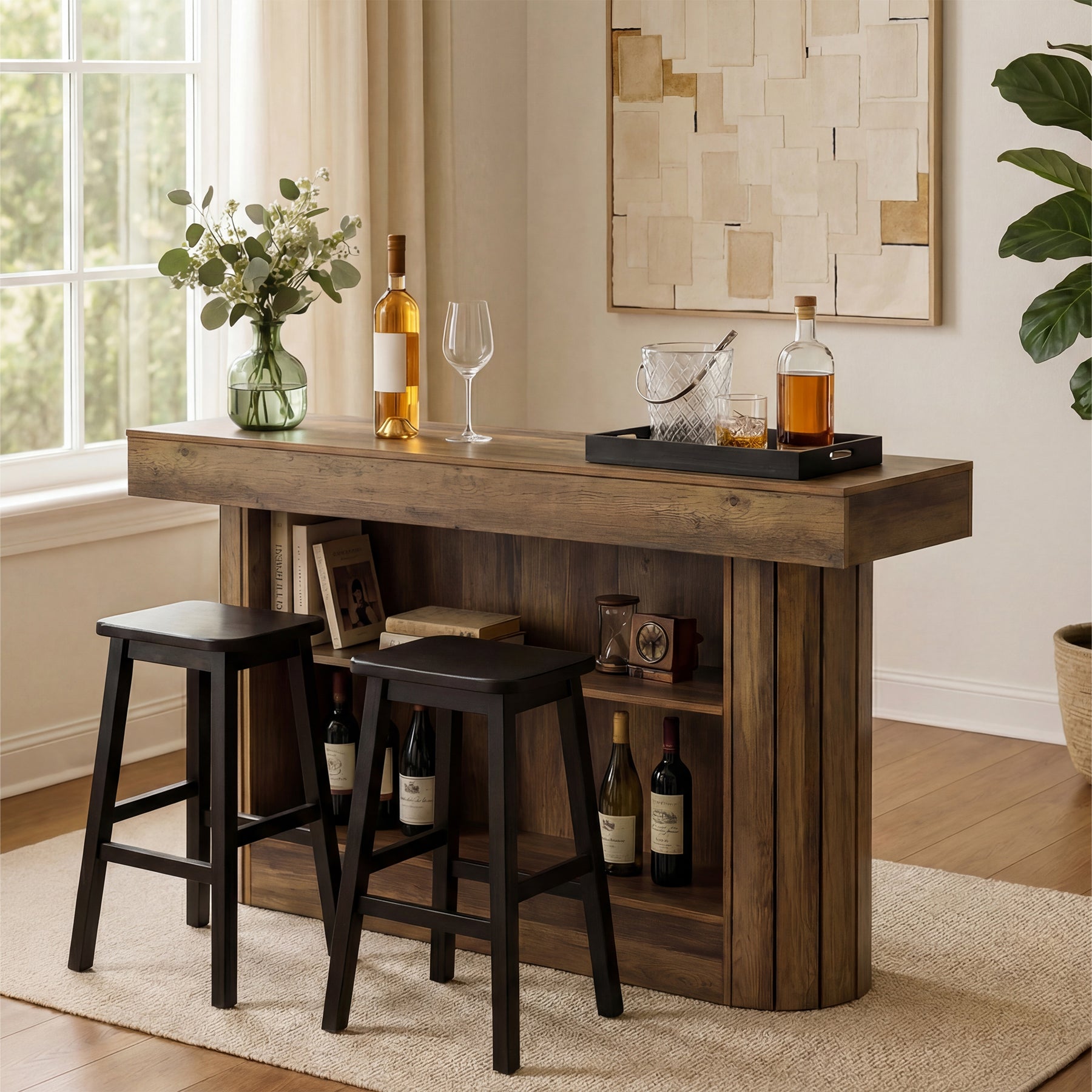 63" Industrial Bar Table with Storage Shelves & Footrest, Wooden Pub Table for Home Bar