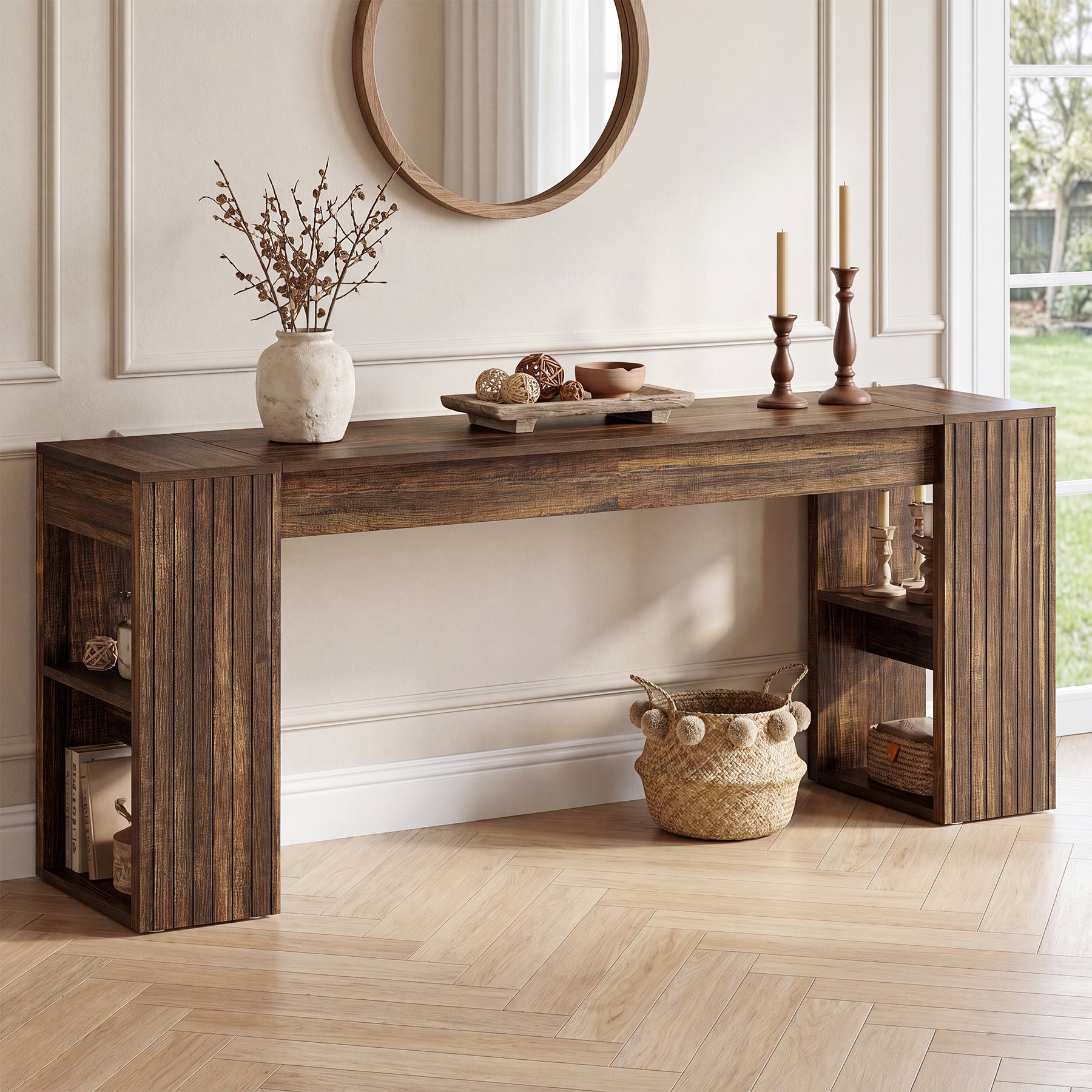 86" Extra Long Console Table, Farmhouse Entryway Sofa Table with Shelves for Hallway