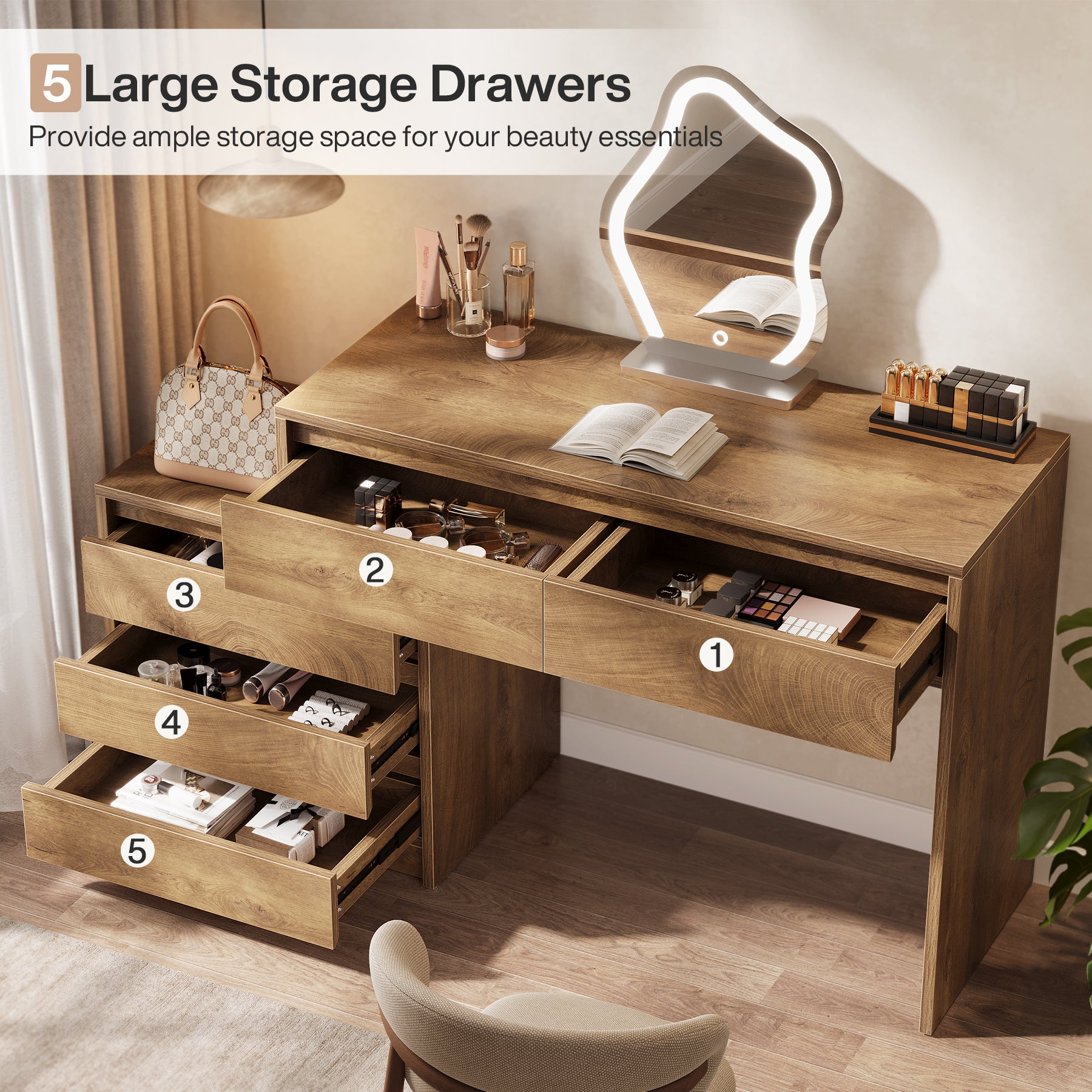 5-Drawer Makeup Vanity Desk, Modern Dressing Table with Cabinet