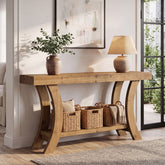 63" Solid Wood Console Table, Farmhouse Sofa Table with Storage Shelf & Arch Frame 3