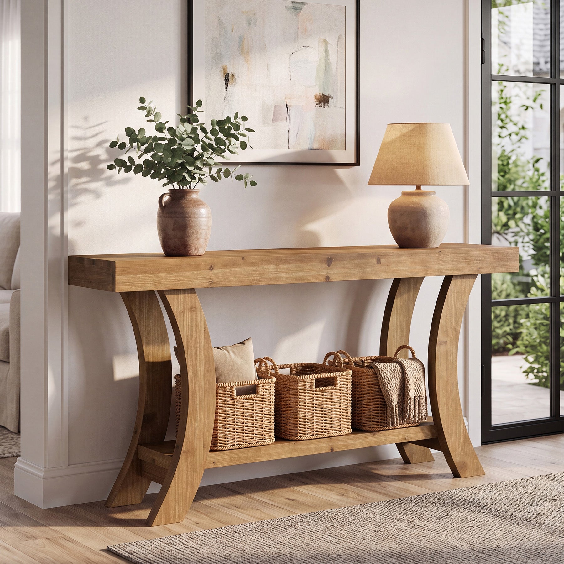 63" Solid Wood Console Table, Farmhouse Sofa Table with Storage Shelf & Arch Frame