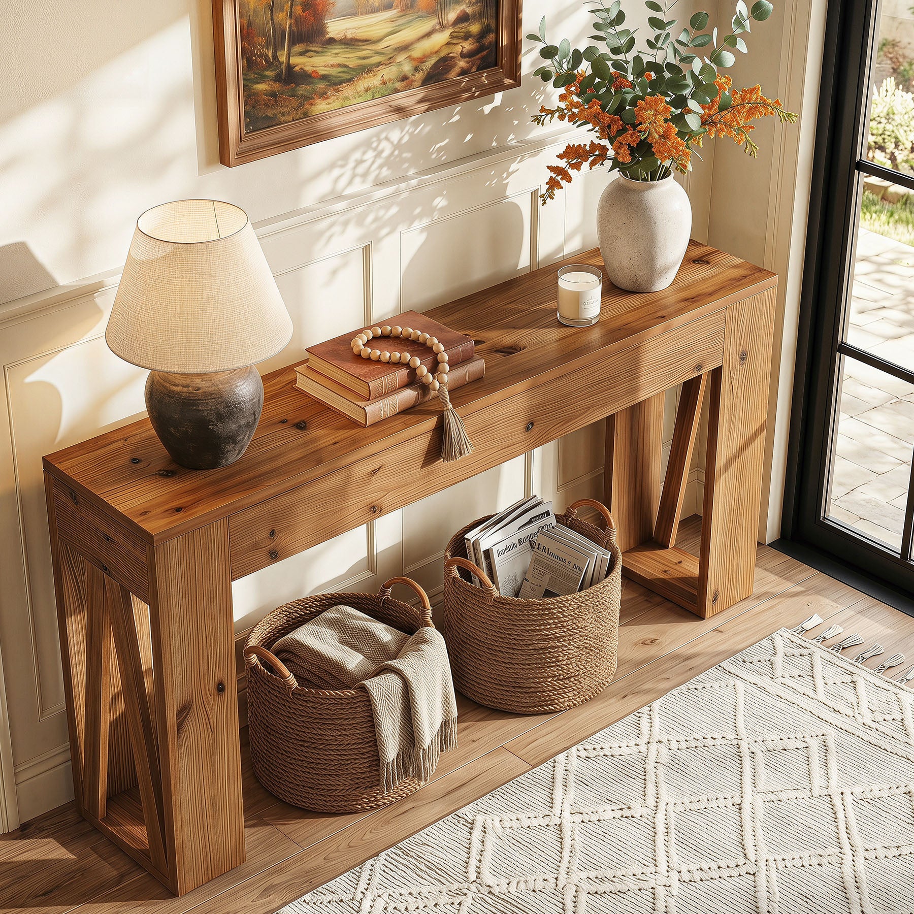 63" Solid Wood Console Table, Narrow Rectangle Entryway Sofa Table for Hallway