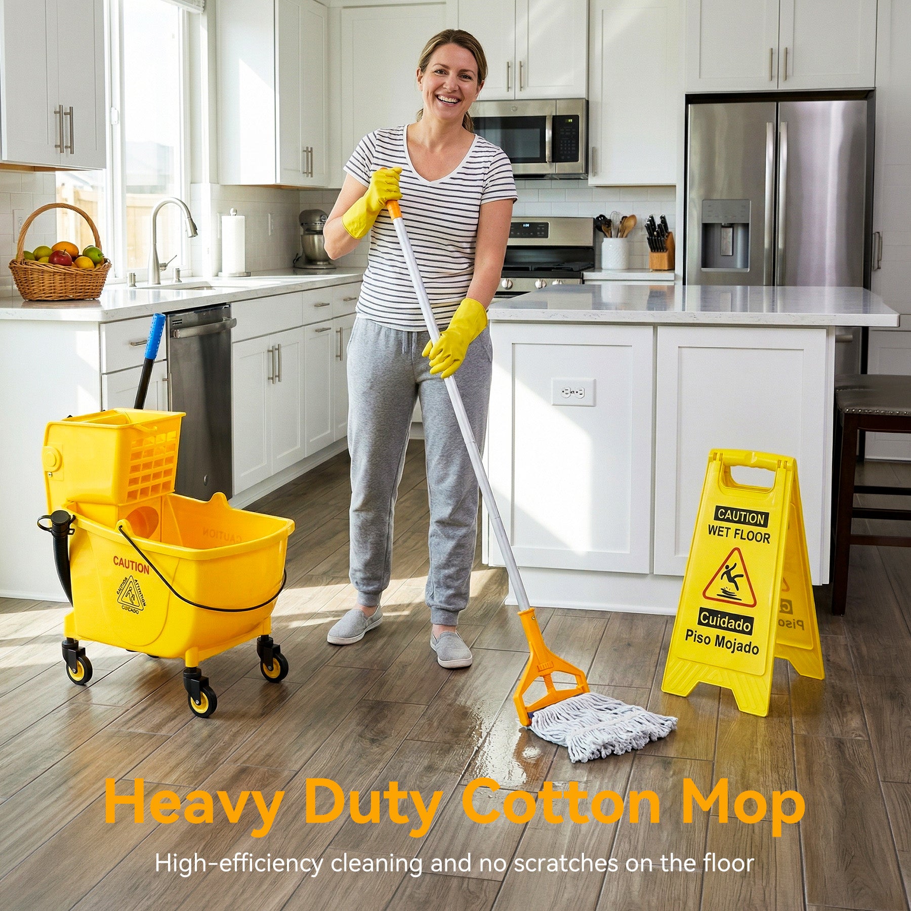 38 Qt Commercial Mop Bucket Set with Wringer, String Mop, Mop Head Refill, Gloves & Caution Sign