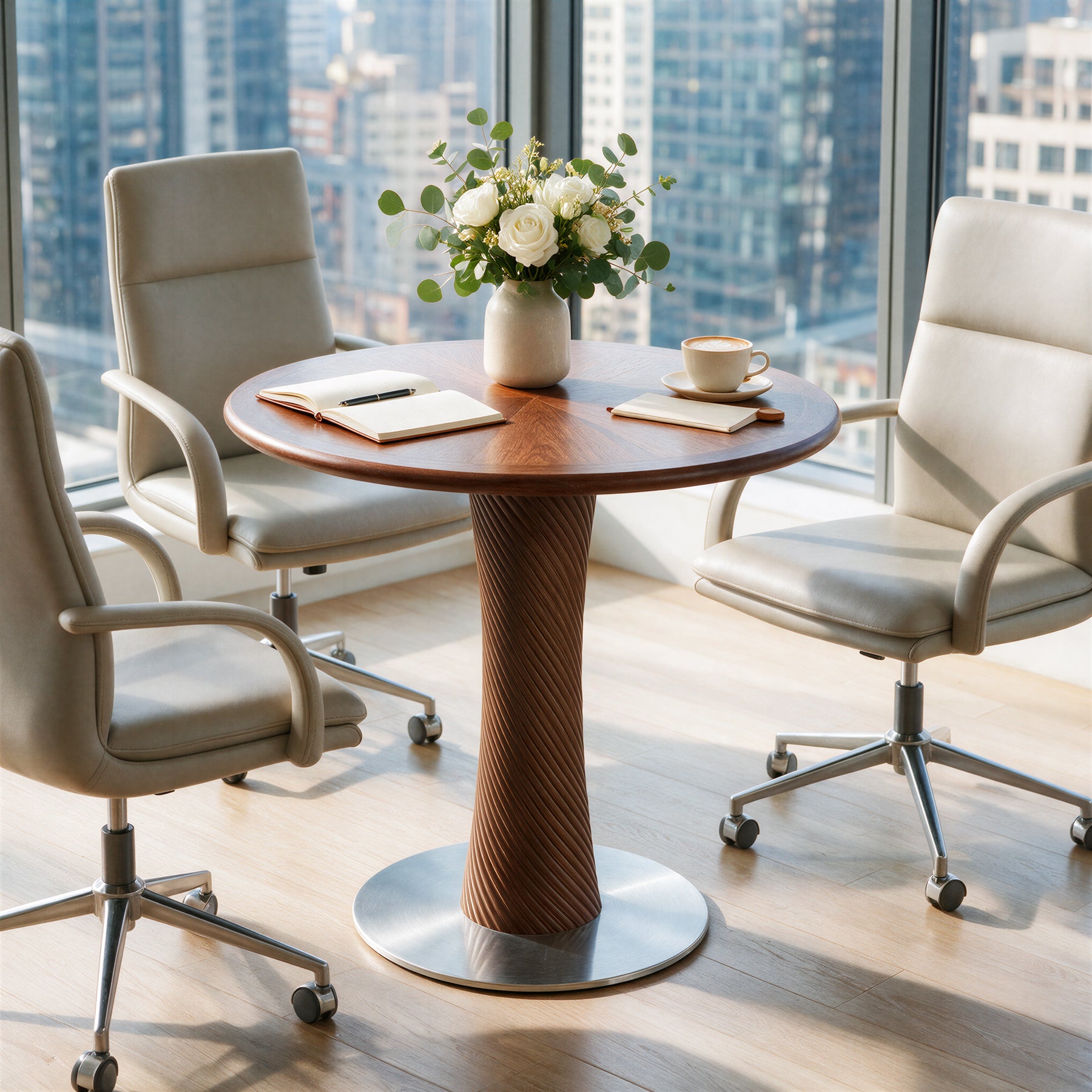 31.5” Solid Wood Conference Table, Round Meeting Table with Hourglass Pedestal for Home Office