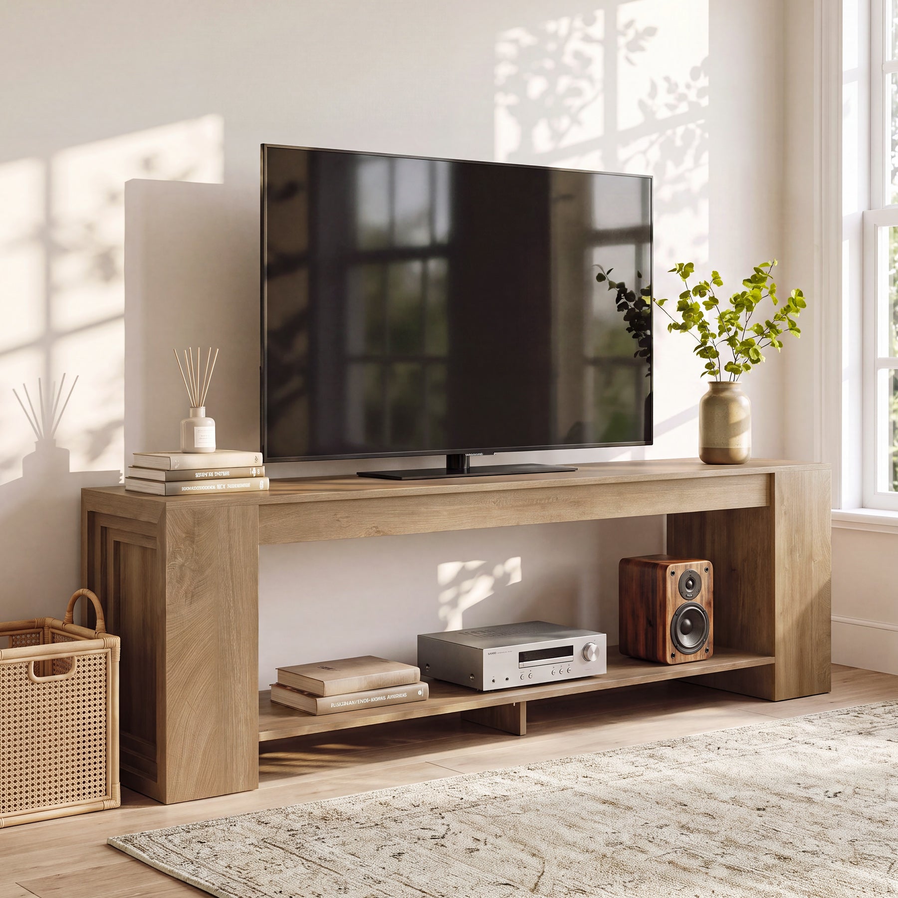 70.8" TV Stand for TVs Up to 80", Modern Low Entertainment Center with 2-Tier Storage