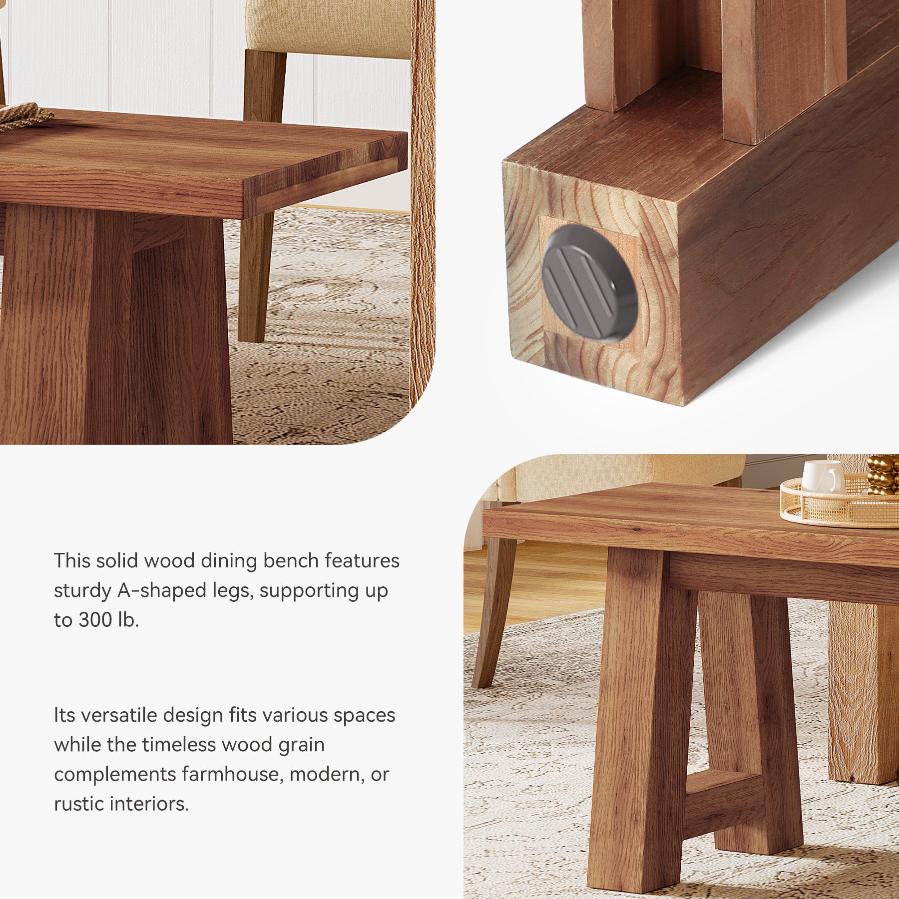 Solid Wood Dining Bench, 55" Entryway Bench with A-Shaped Legs