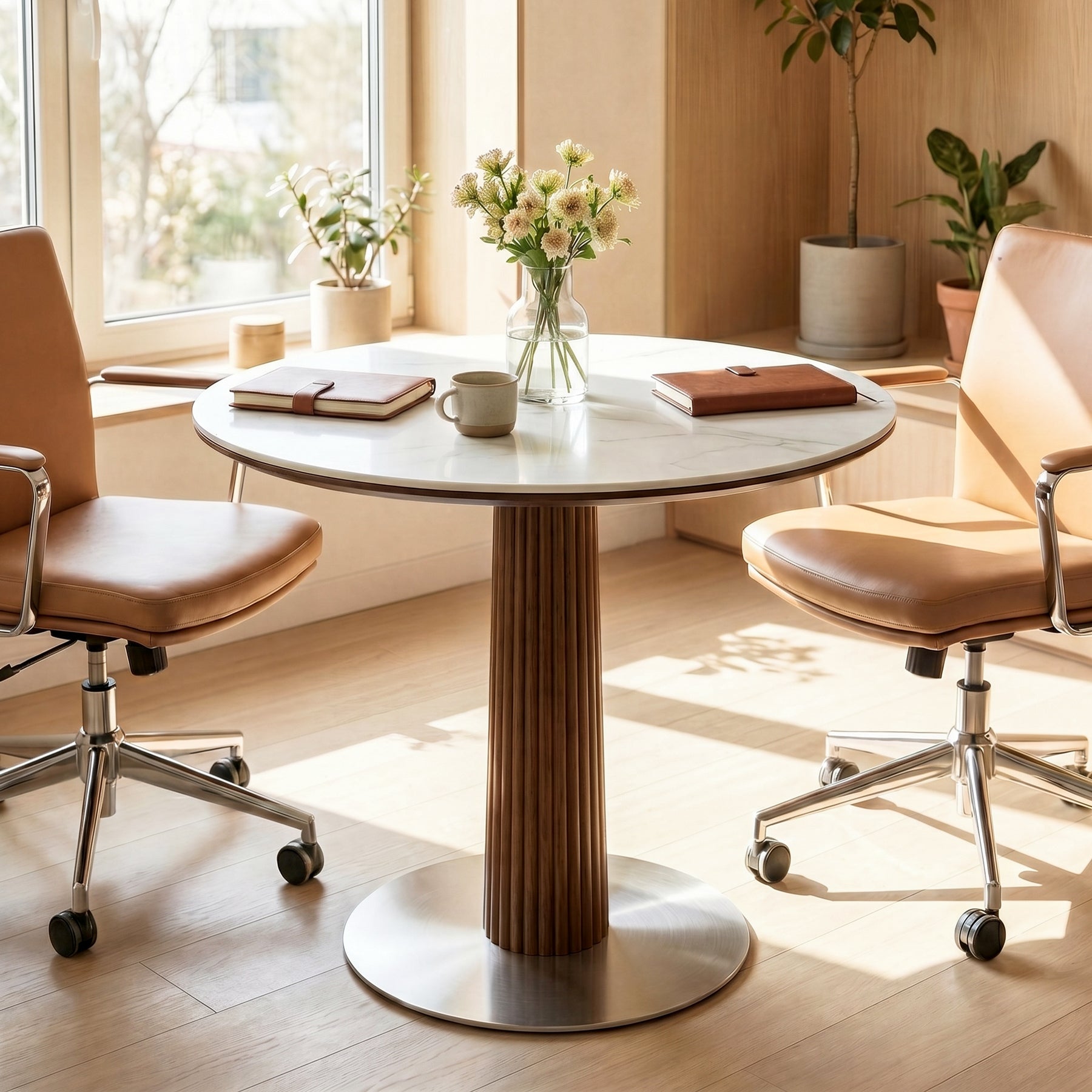 31.5" Conference Table for 2-4, Round Meeting Room Table with Sintered Stone Tabletop