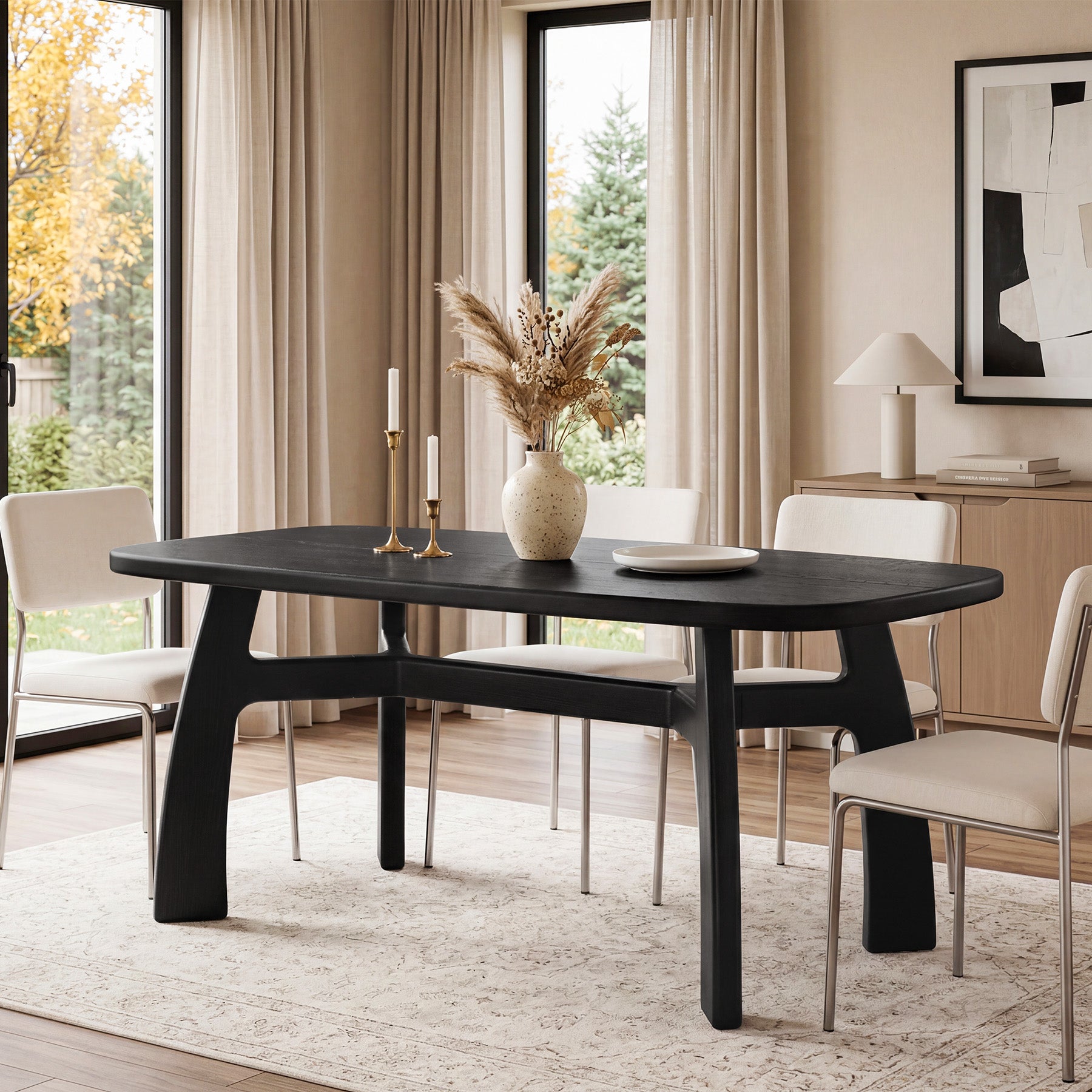 63-Inch Dining Table for 6-8, Solid Wood Kitchen Table with H-Frame for Dining Room