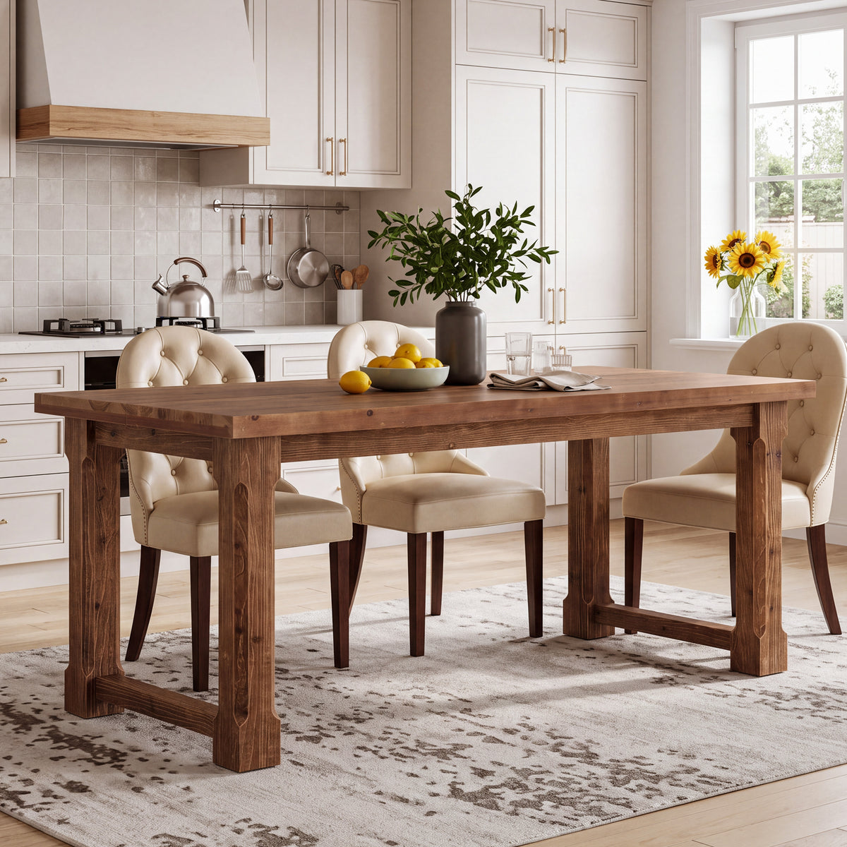 63" Farmhouse Solid Wood Dining Table for 4-6, Rectangular Kitchen Table