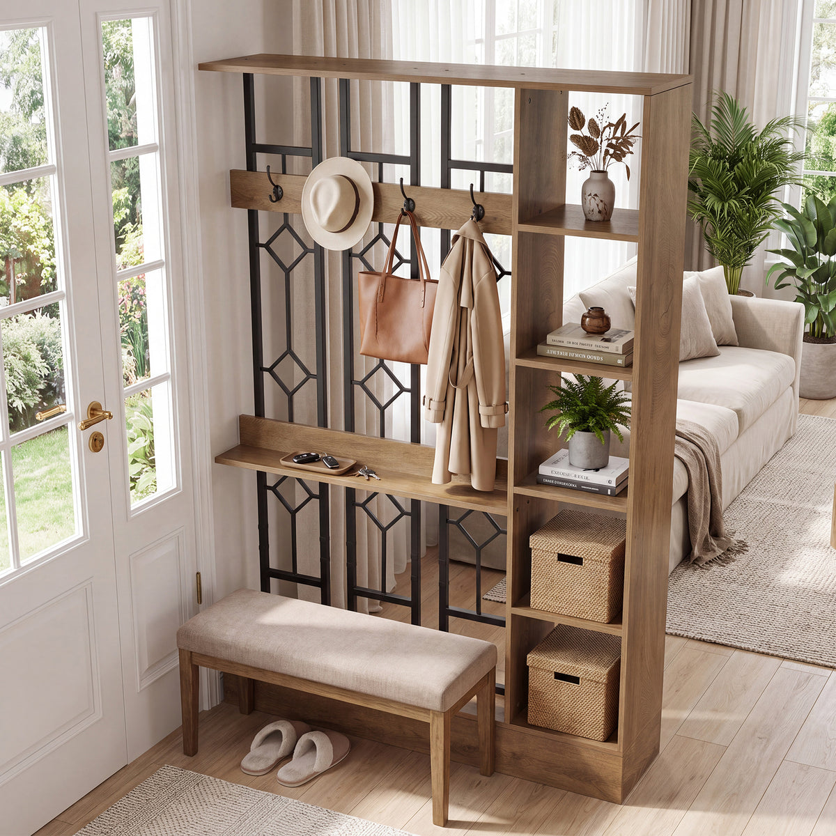 71" Wall Room Divider with Storage Shelves & Coat Hooks, Freestanding Wall Partition for Entryway