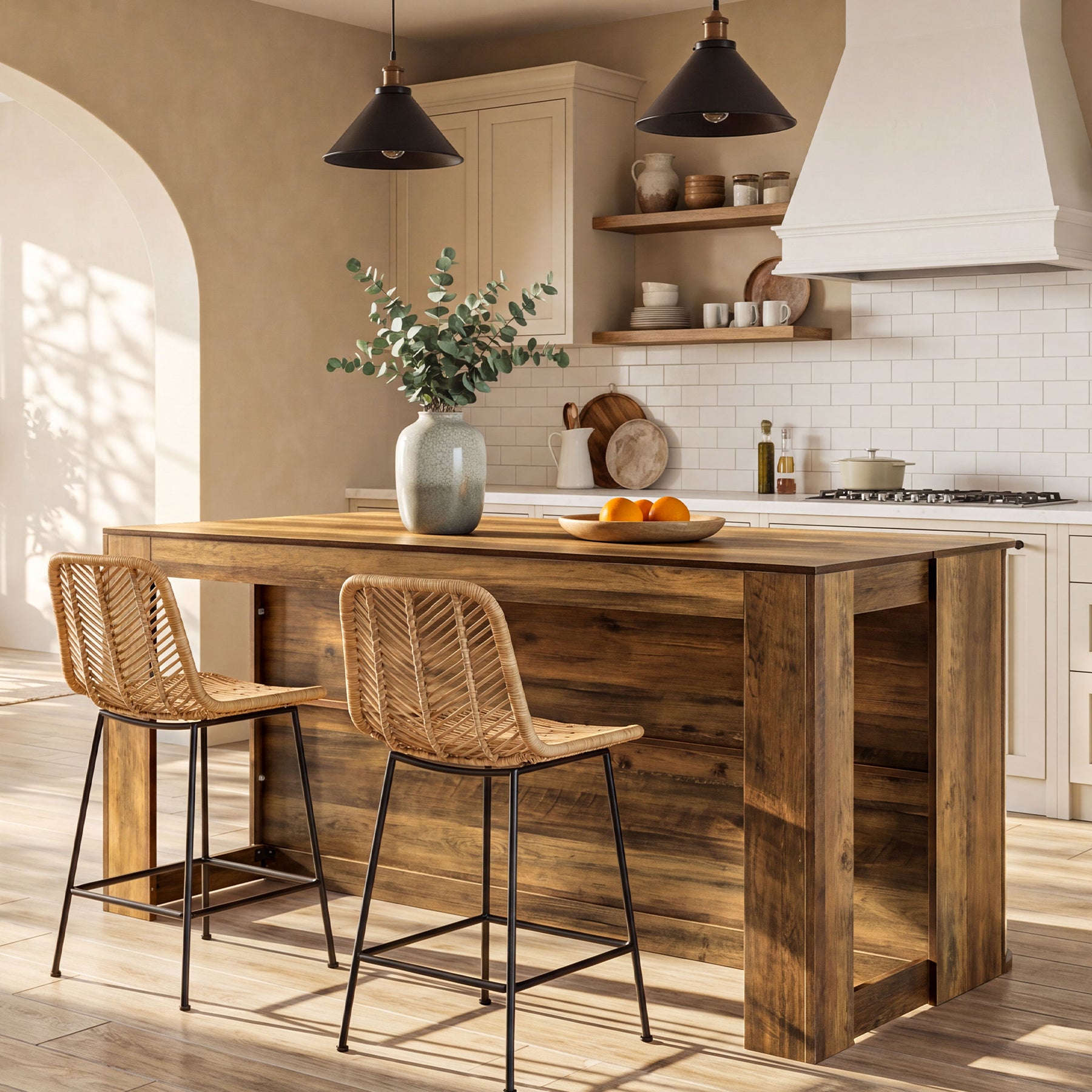 55" Kitchen Island, Farmhouse Stationary Island Table with 2-Tier Storage Shelves