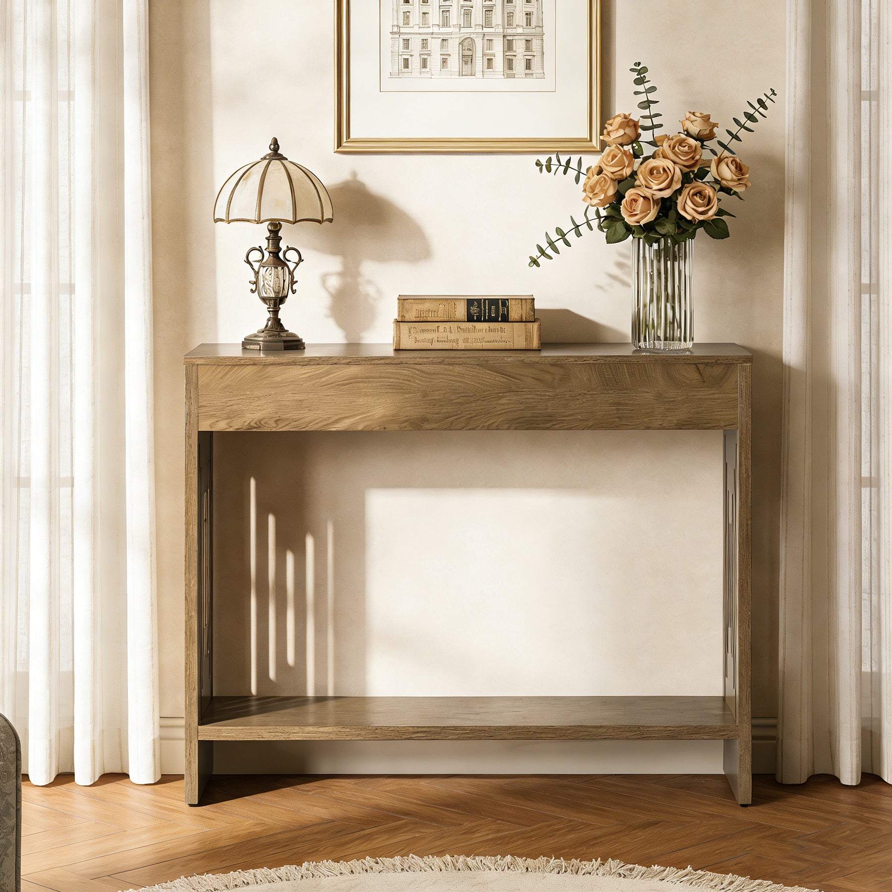 41.3" Farmhouse Console Table with 2-Tier Shelf, Narrow Sofa Table with Fluted Legs for Entryway or Behind Couch