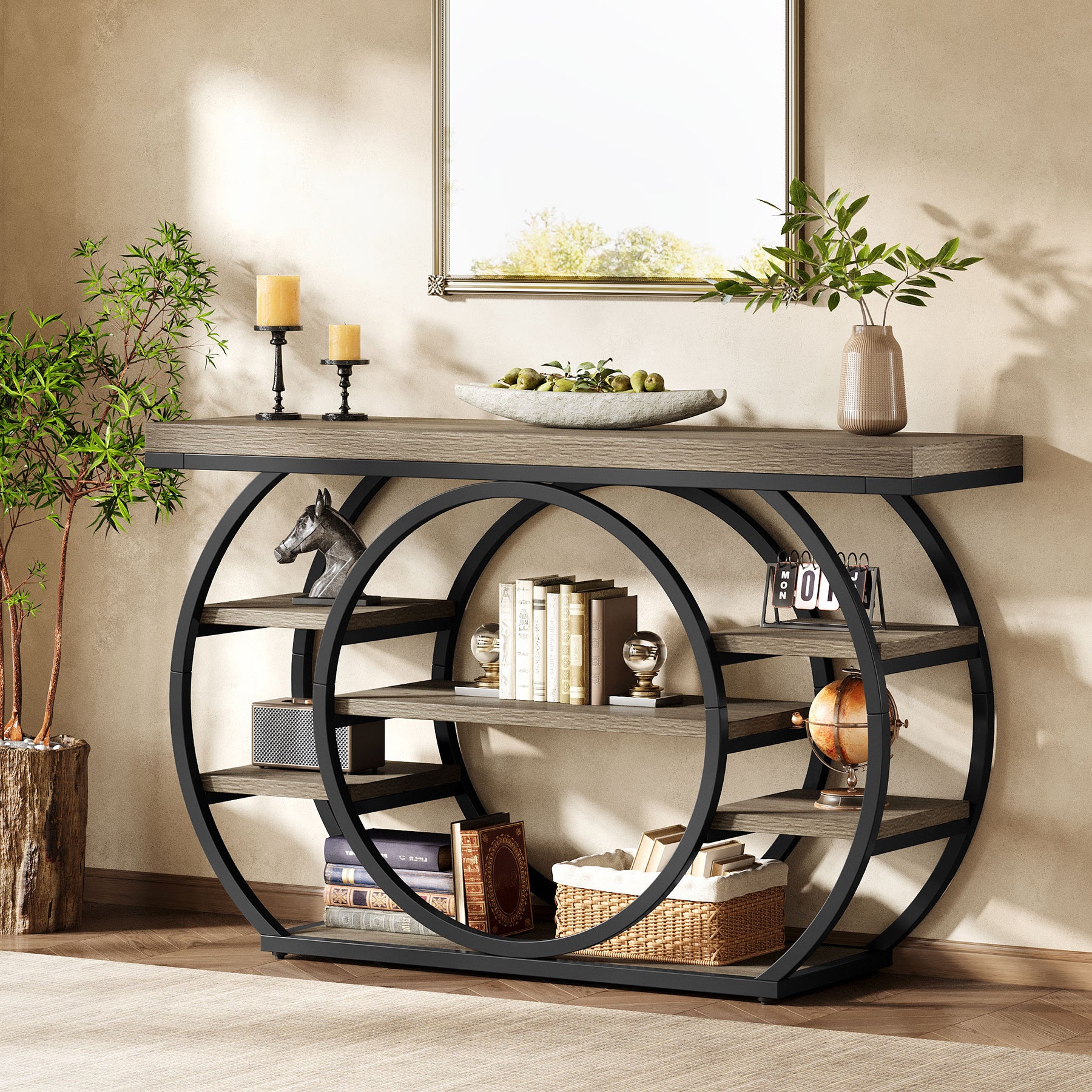 47.24" Console Table, 5-Tier Industrial Sofa Table with Metal Frame