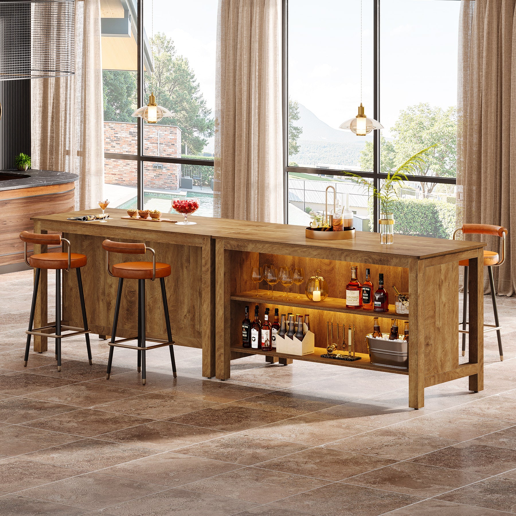 3-Tier Home Bar Table Unit, 59" Counter Height Pub Table with Storage Shelves