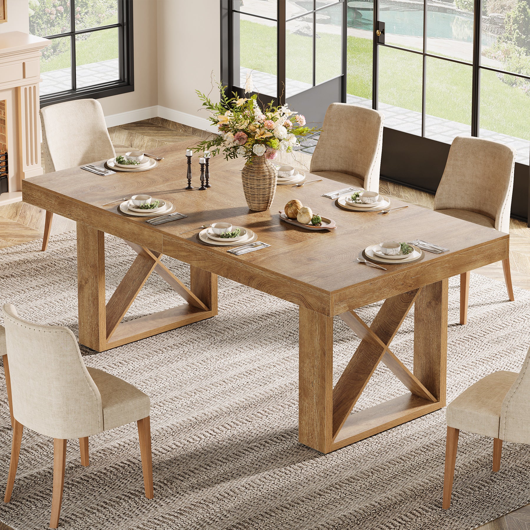 Rectangle Dining Table, 63" Farmhouse Kitchen Table for 4-6 People