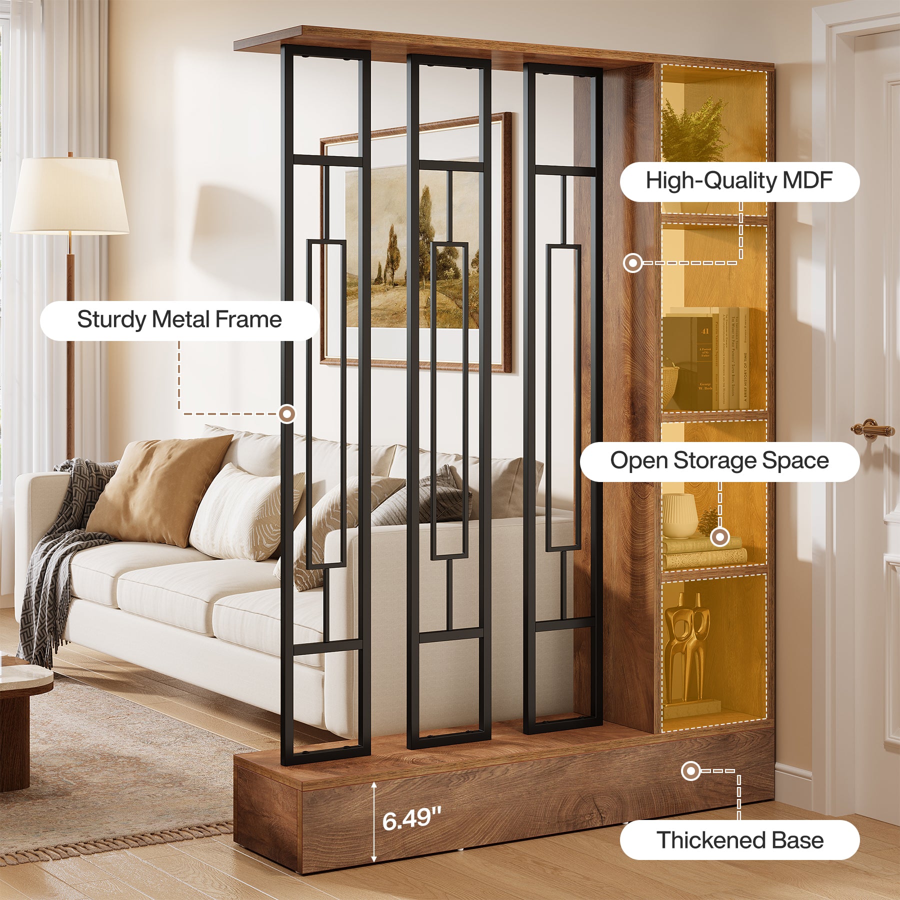 70.9" Wall Room Divider, Freestanding Wall Partition with Display Shelves