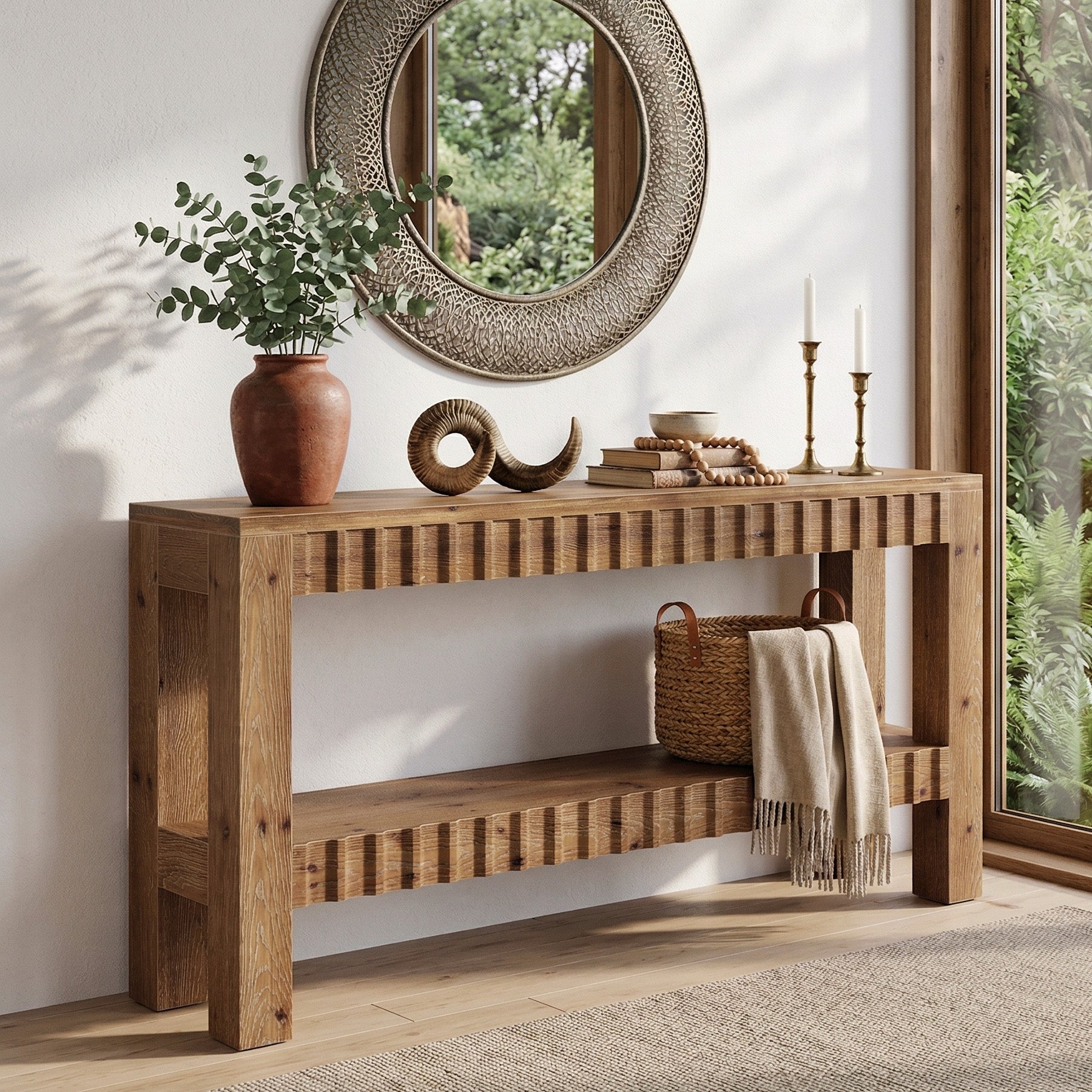 63" Solid Wood Console Table with Storage, Farmhouse Narrow Sofa & Entryway Table with 2-Tier Shelf