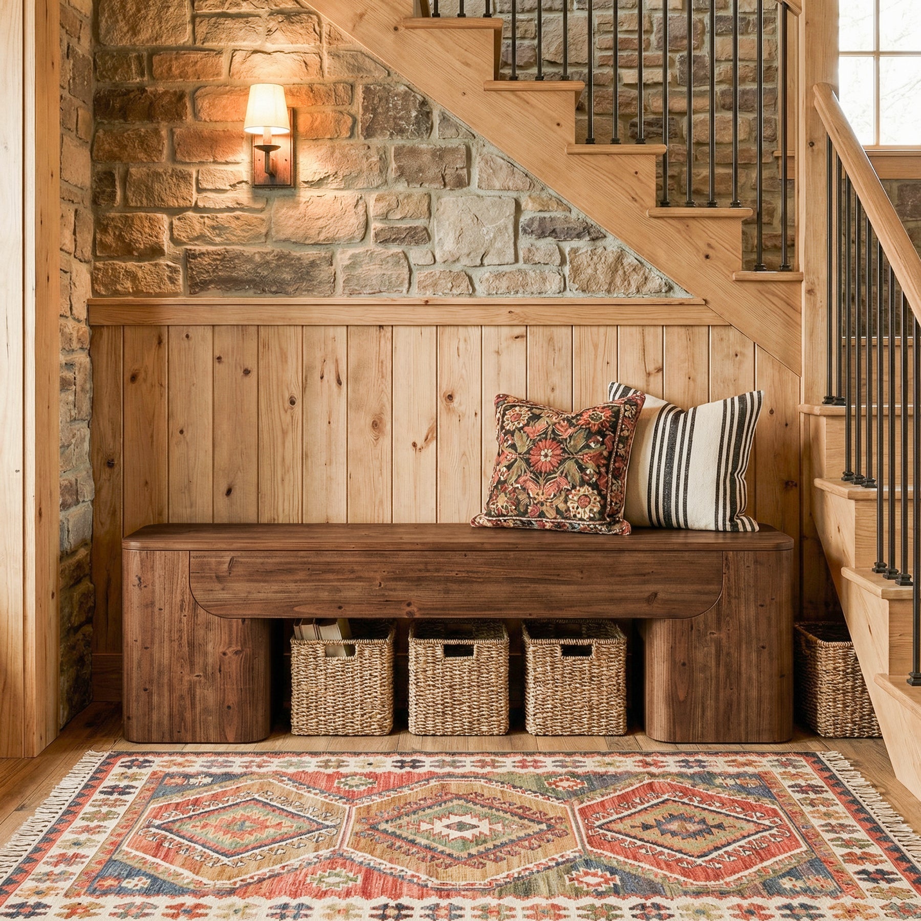 59" Solid Wood Bench, Rustic Heavy Duty Entryway Bench with Sturdy Legs