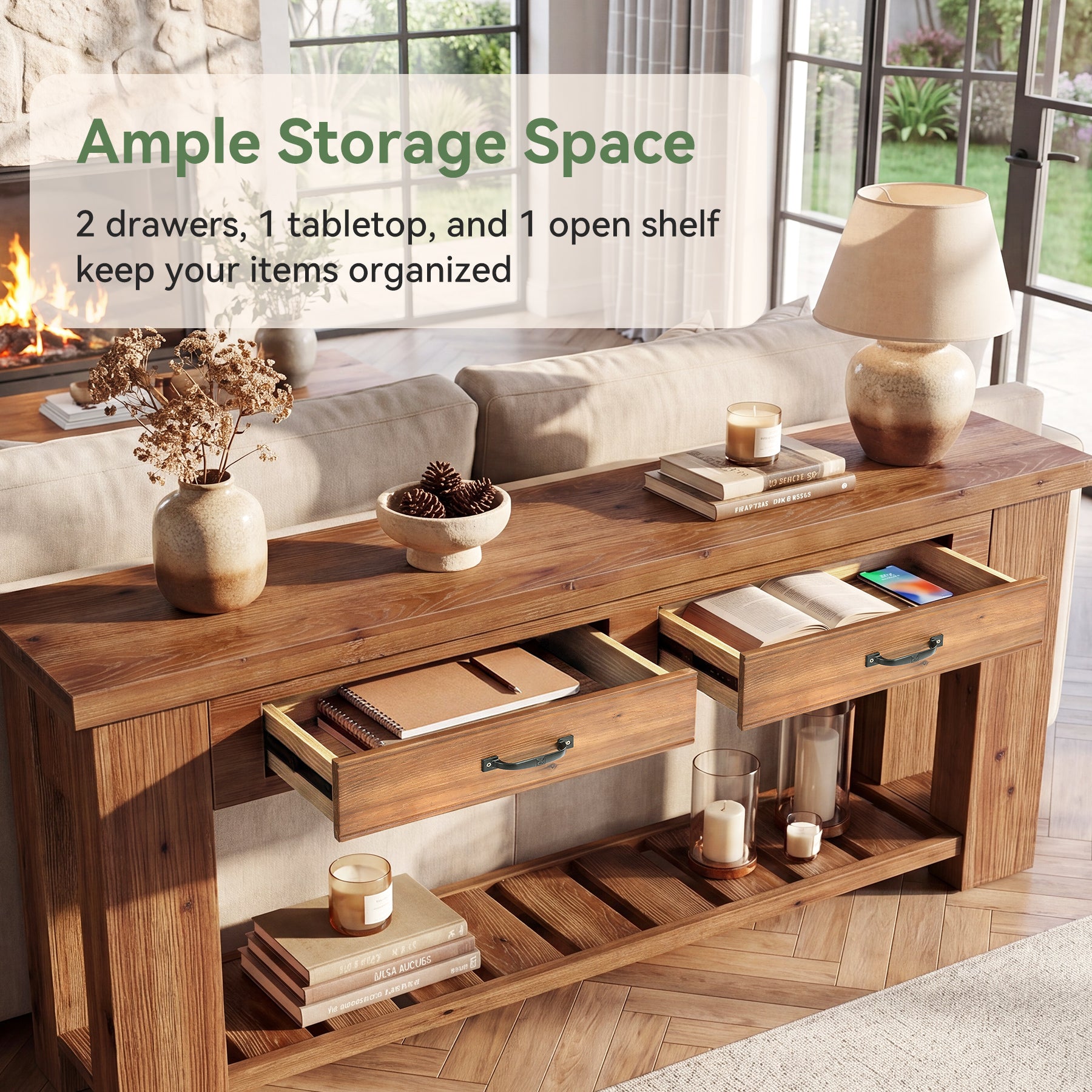 63" Solid Wood Console Table, Entryway Sofa Table with 2 Drawers and Open Slatted Shelf