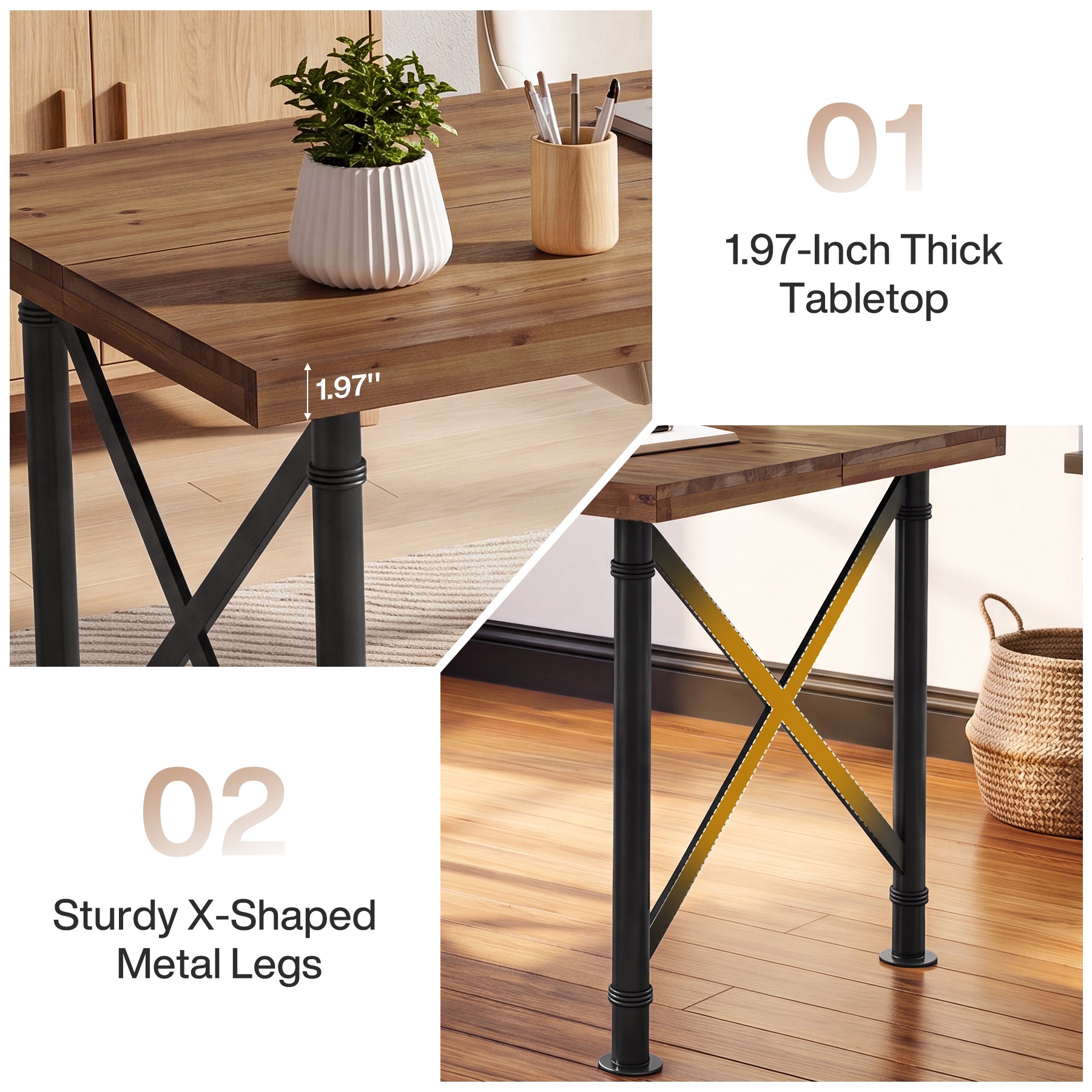 63" Rectangular Dining Table, Solid Wood Kitchen Table with Sturdy X-Shaped Legs for 4-6