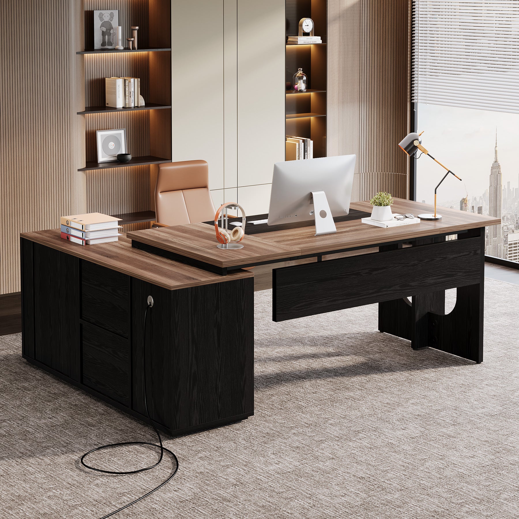 74" Executive Desk, L-Shaped Computer Desk Office Desk With Cabinet