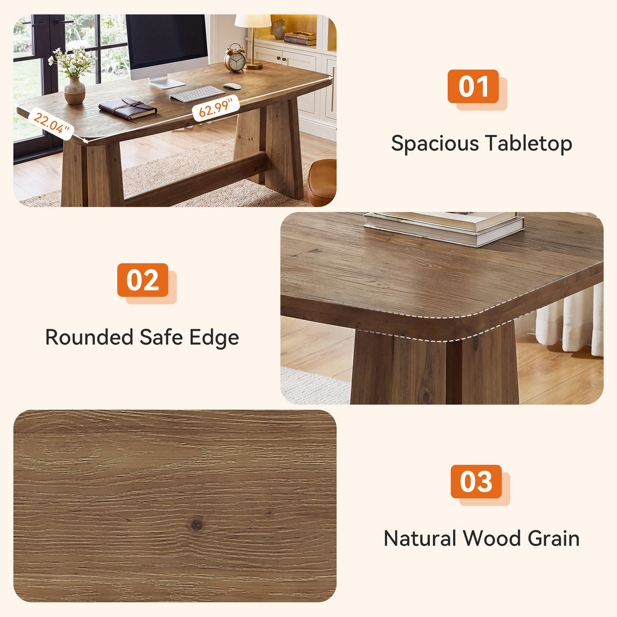 63" Farmhouse Solid Wood Executive Desk with Thick Tabletop, Home Office Desk