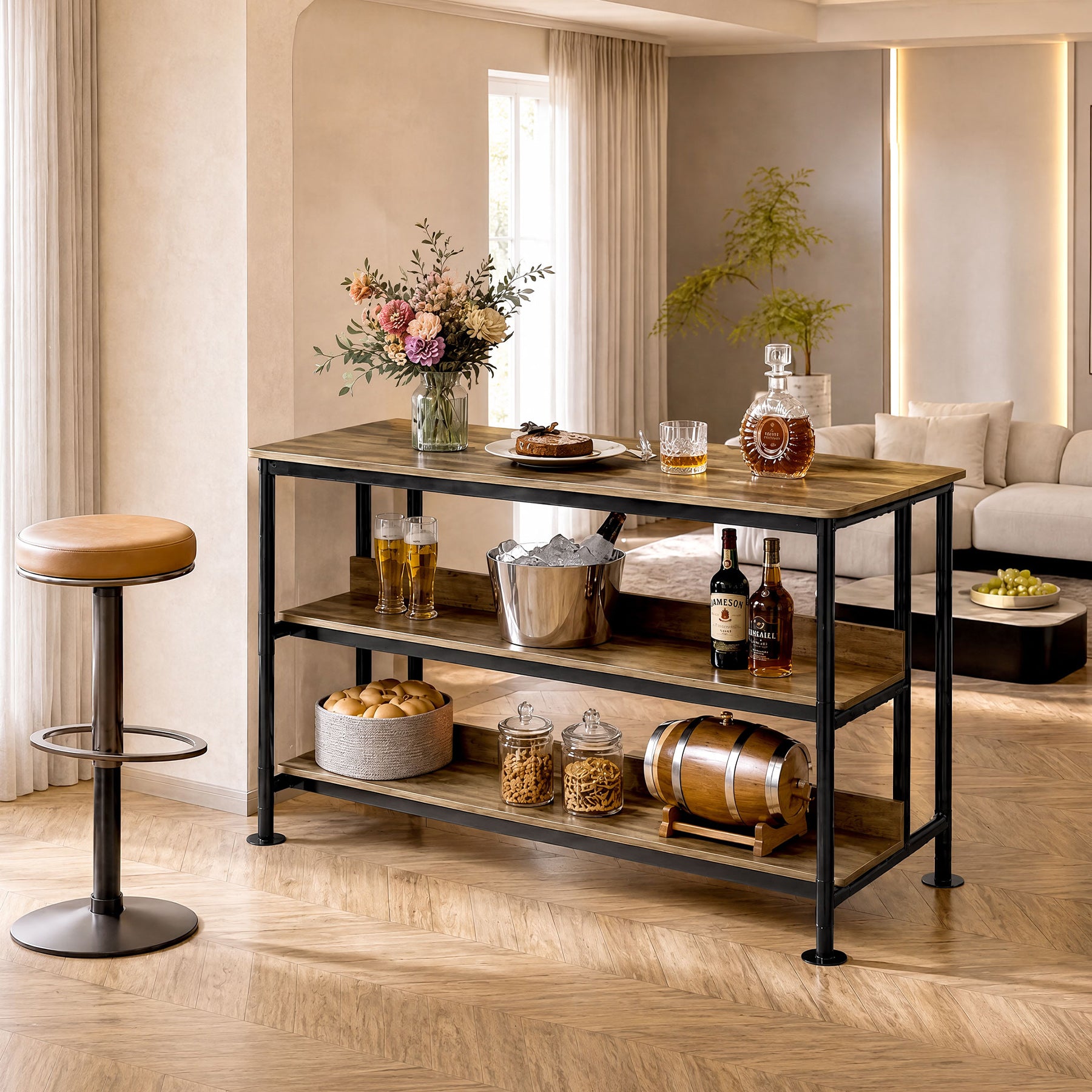 59" Home Bar Table with 3-Tier Storage Shelves, Counter Height, Kitchen Dining Room Pub Table