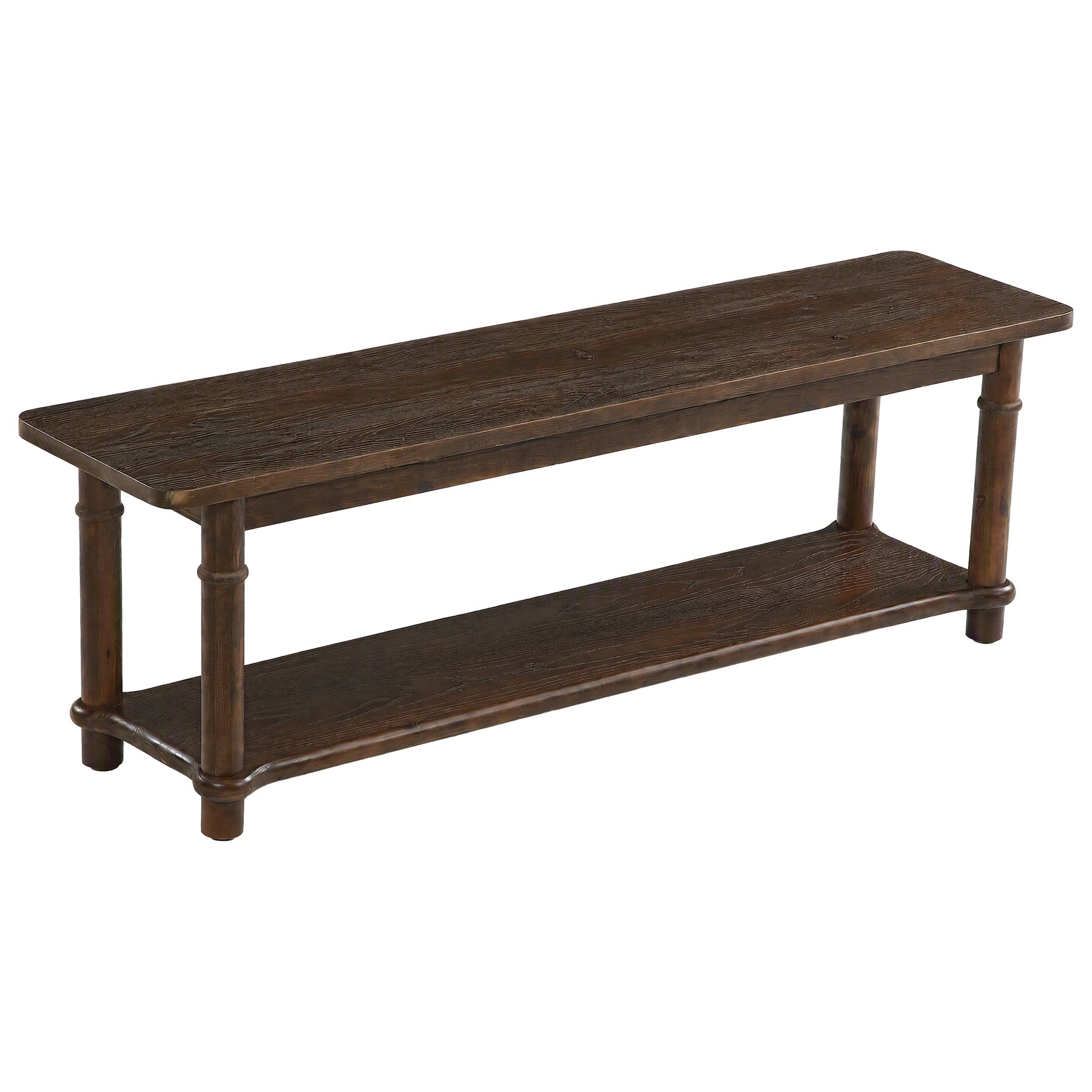 55" Farmhouse Entryway Bench with Open Shelf, 2-Tier Solid Wood Shoe Bench, Hallway