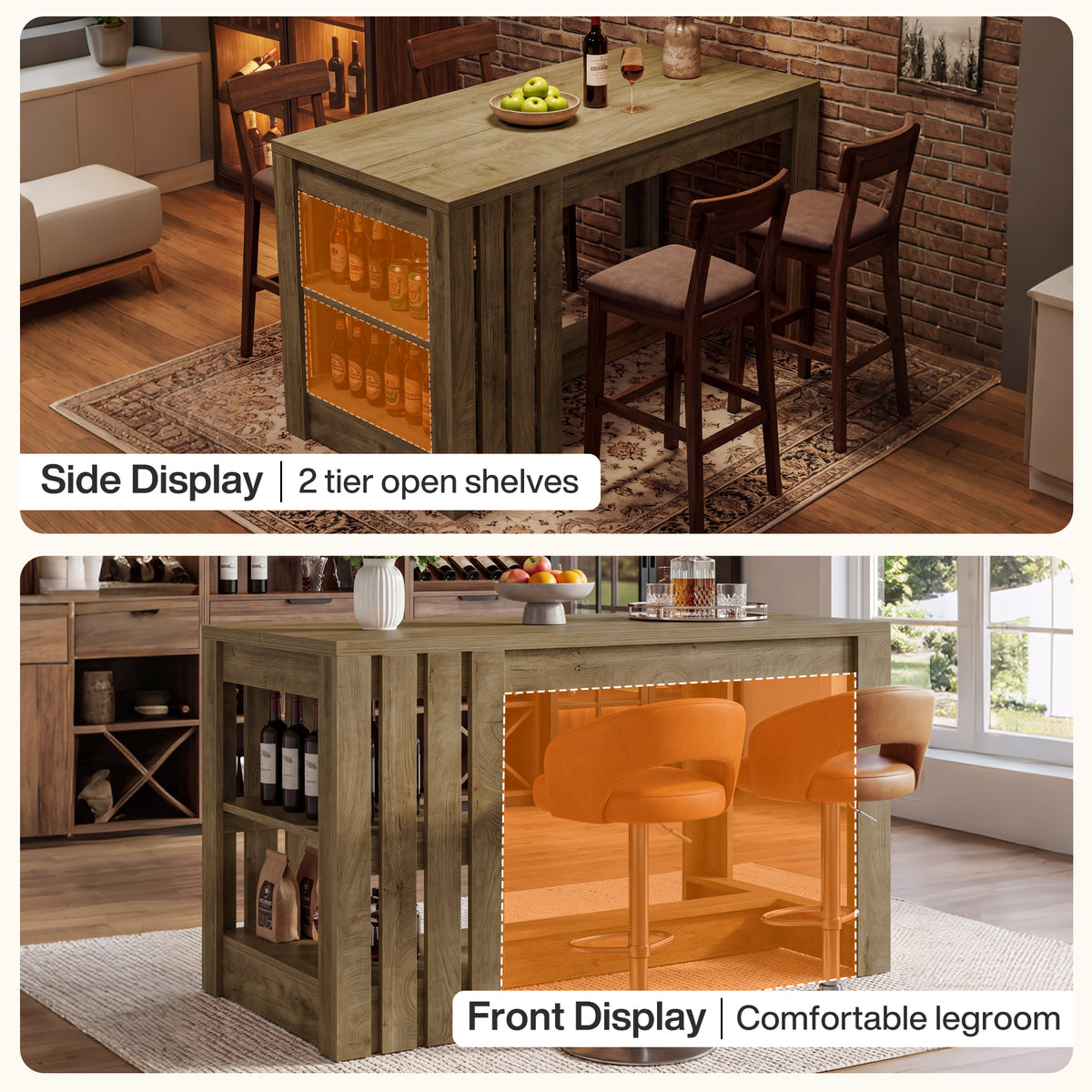 55" Bar Table, Farmhouse Counter Height Pub Table with 2-Tier Storage & Slatted Side Panel