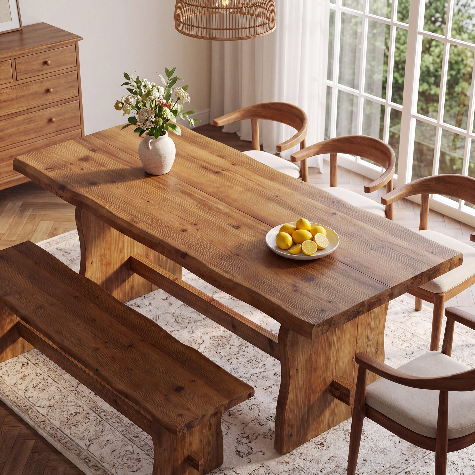 63" Solid Wood Dining Table, Live Edge Rectangular Kitchen Table for 4-6 People