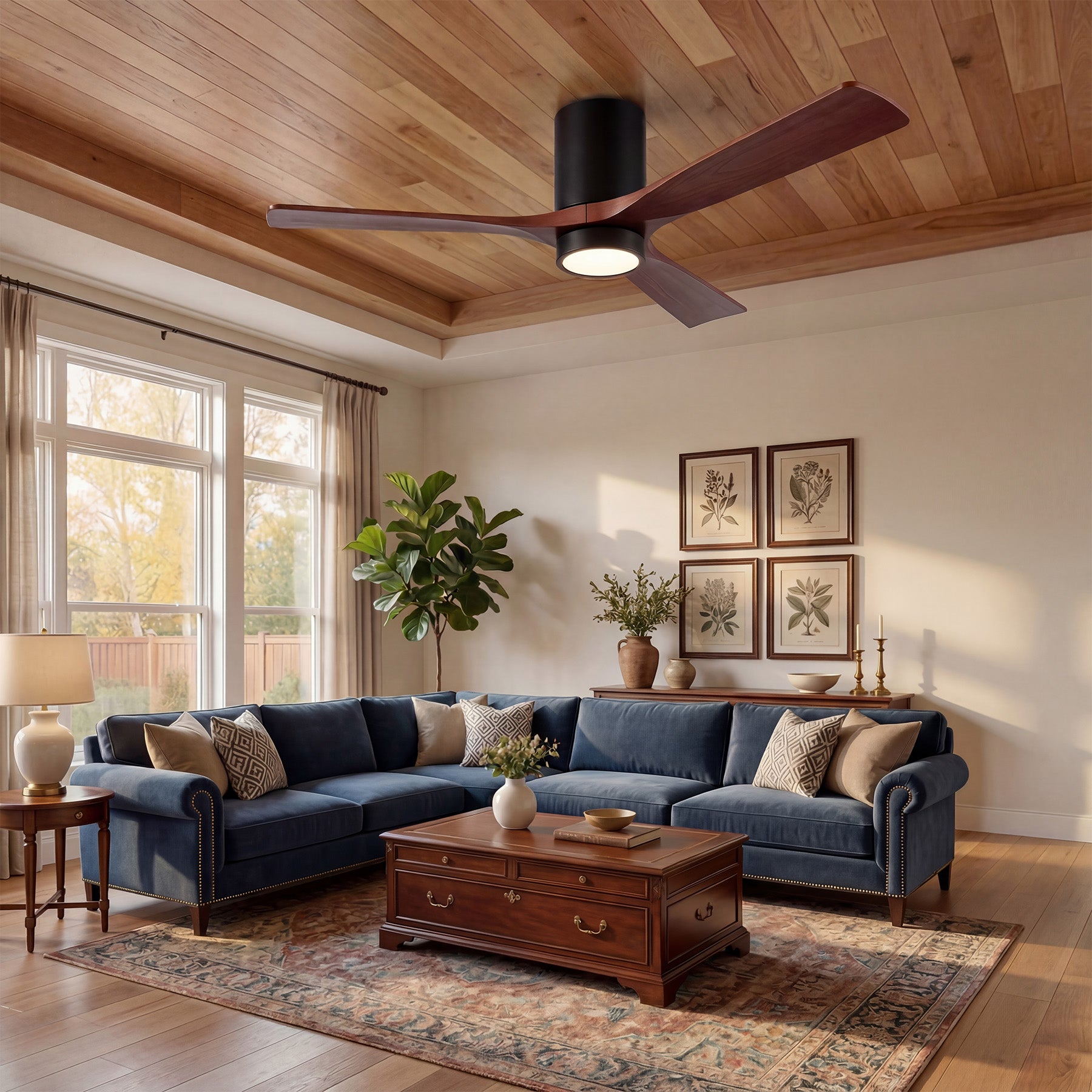 52" Ceiling Fans with Lights & Remote Control, 3 Solid Wood Blades