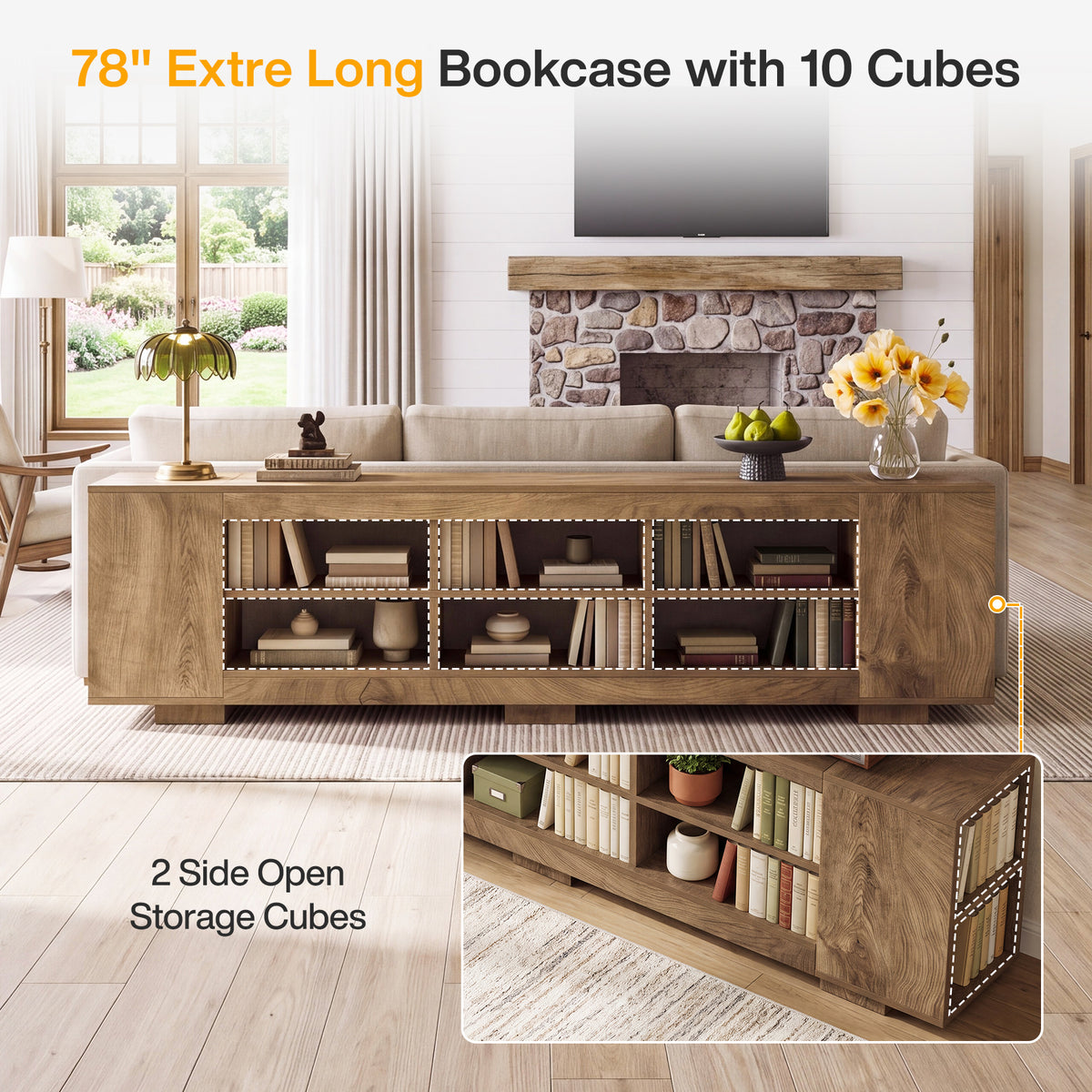 78.7" Long Low Bookcase, 3-Tier Horizontal Bookshelf with 10 Storage Cubbies for Home Office