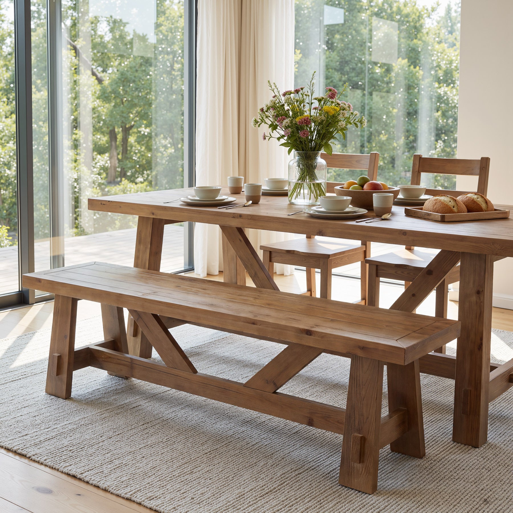 55" Solid Wood Dining Bench, Farmhouse Wooden Kitchen Bench for Dining Room