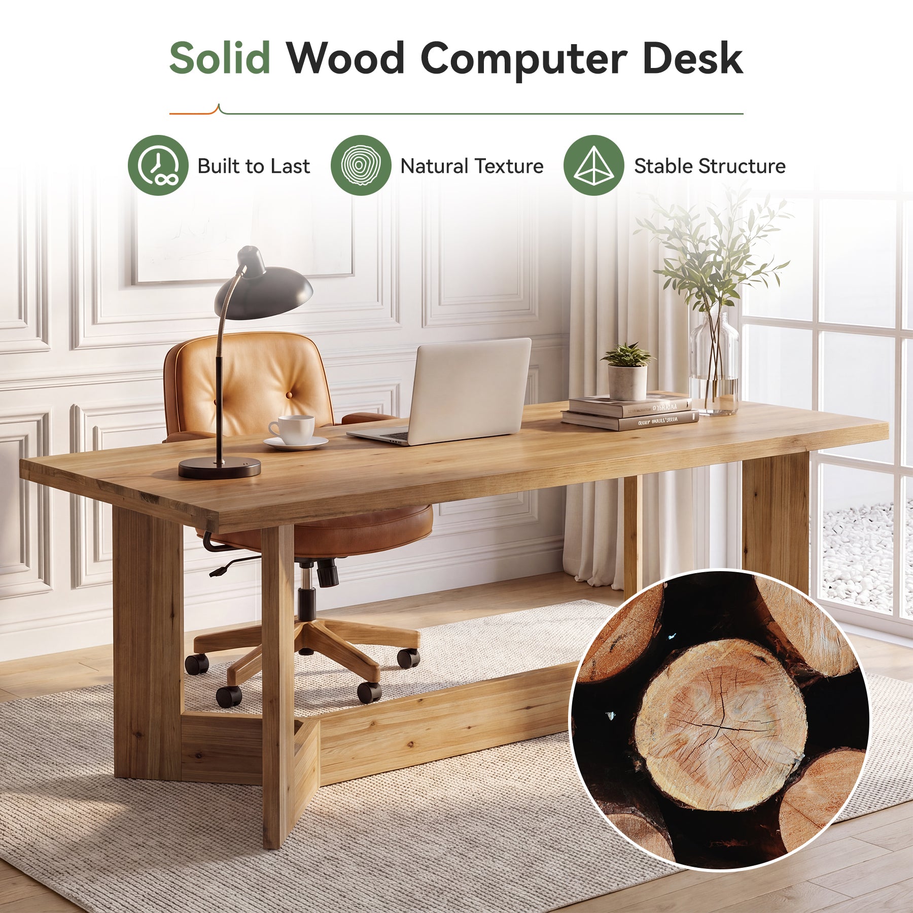 63" Solid Wood Computer Desk, Rectangular Executive Desk Study Table for Home Office
