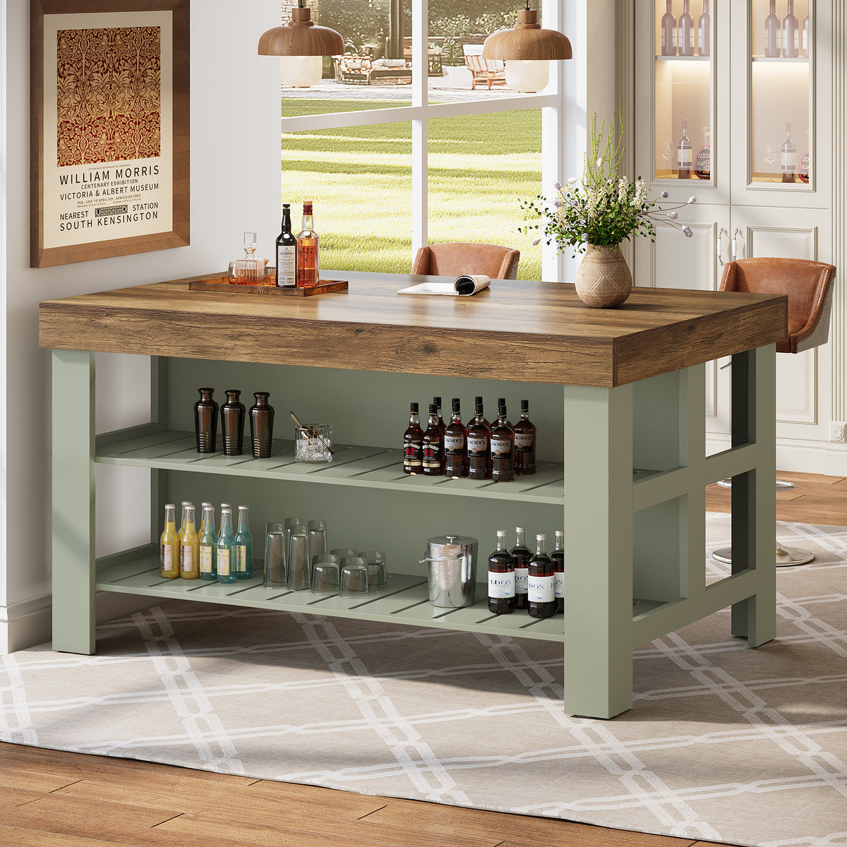 Home Bar Table Unit, 55" Counter Height Bar Cabinet with Storage Shelves