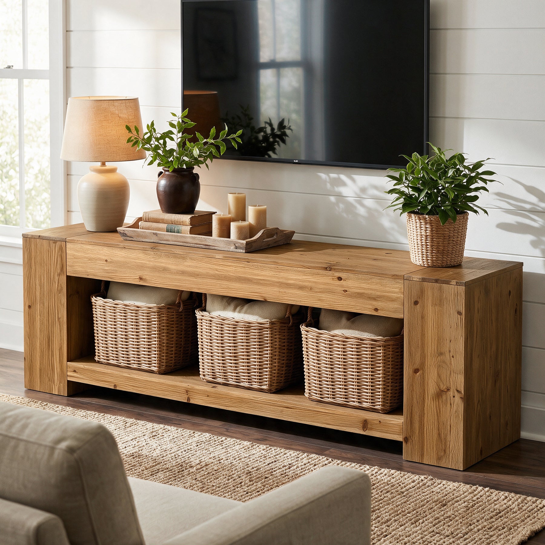 Tribesigns 63" Solid Wood TV Stand, Farmhouse Console for Living Room